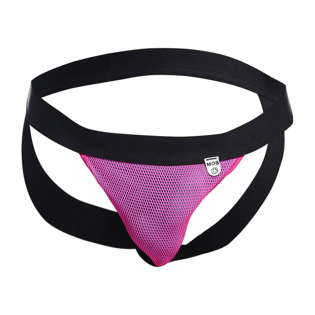 Mob fisherman jock pink mesh athletic brief with black elastic waistband and side straps visible from the front