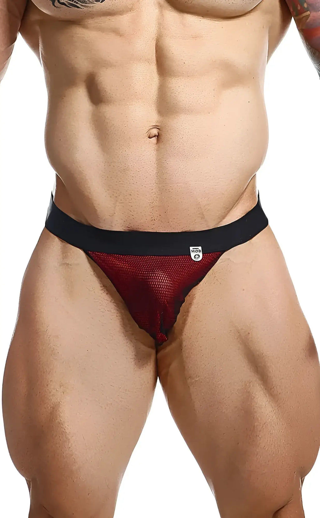 Red mesh briefs with black waistband mob fisherman jock featuring breathable mesh fabric for comfortable support