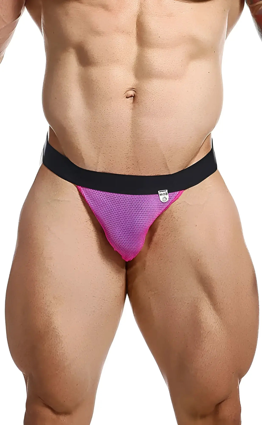 Vibrant pink mesh briefs with black elastic waistband from mob fisherman jock featuring breathable material