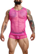 Bright pink mob fishnet boxer mesh tank top with matching briefs sheer form-fitting design front view