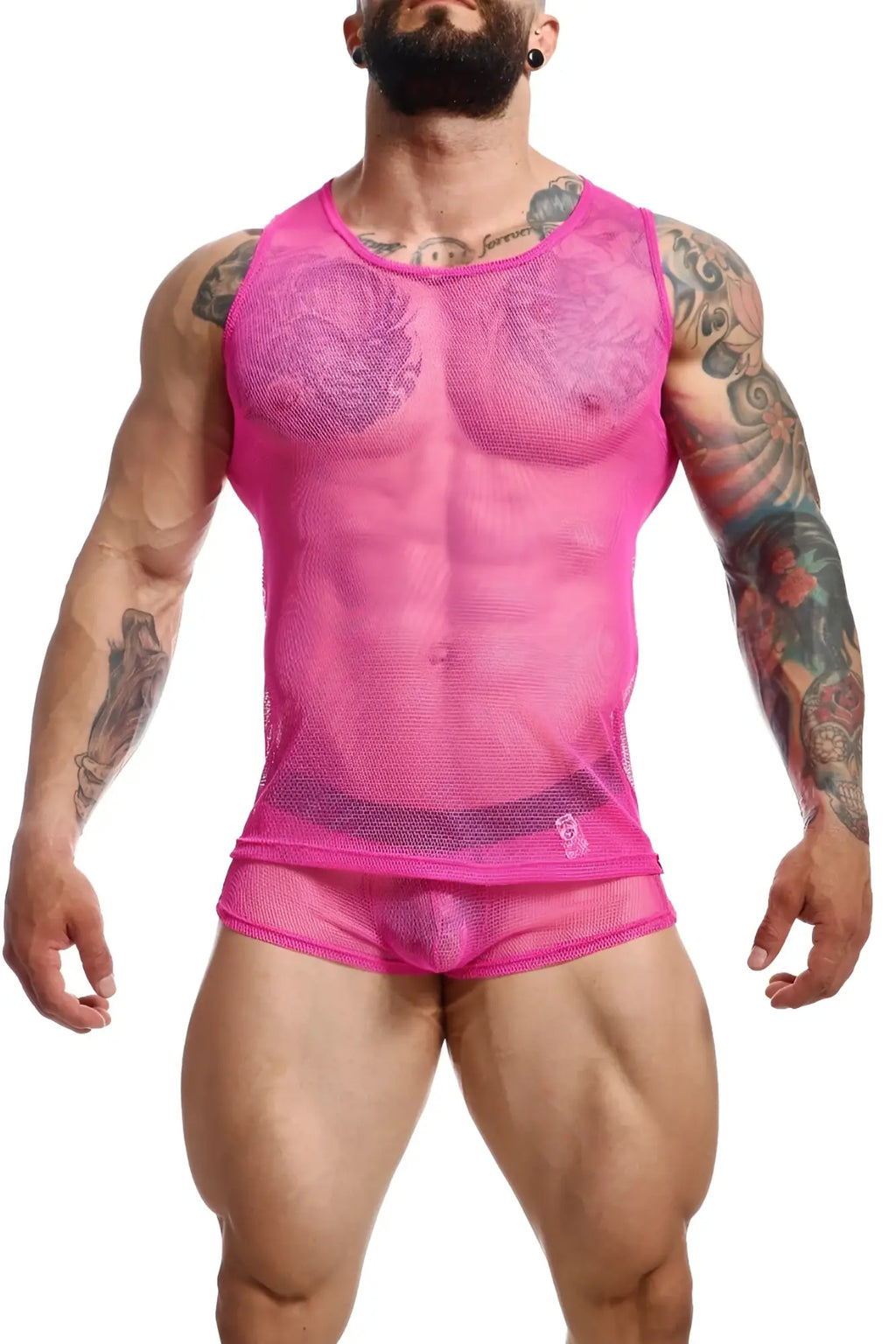 Bright pink mob fishnet boxer set featuring a sheer mesh tank top and matching briefs in a form-fitting design
