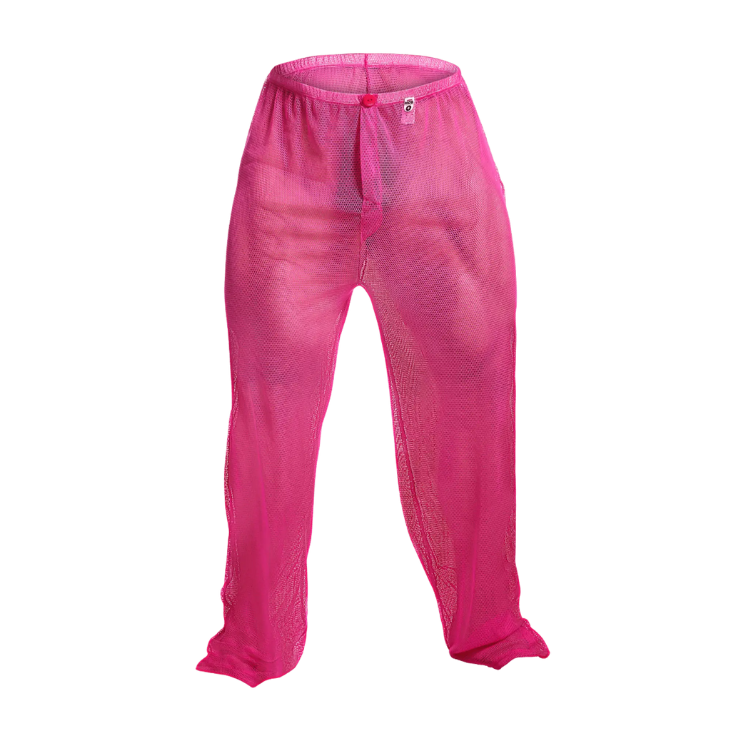 Bright pink mob fishnet pants with elastic waistband and small front tag made of mesh material