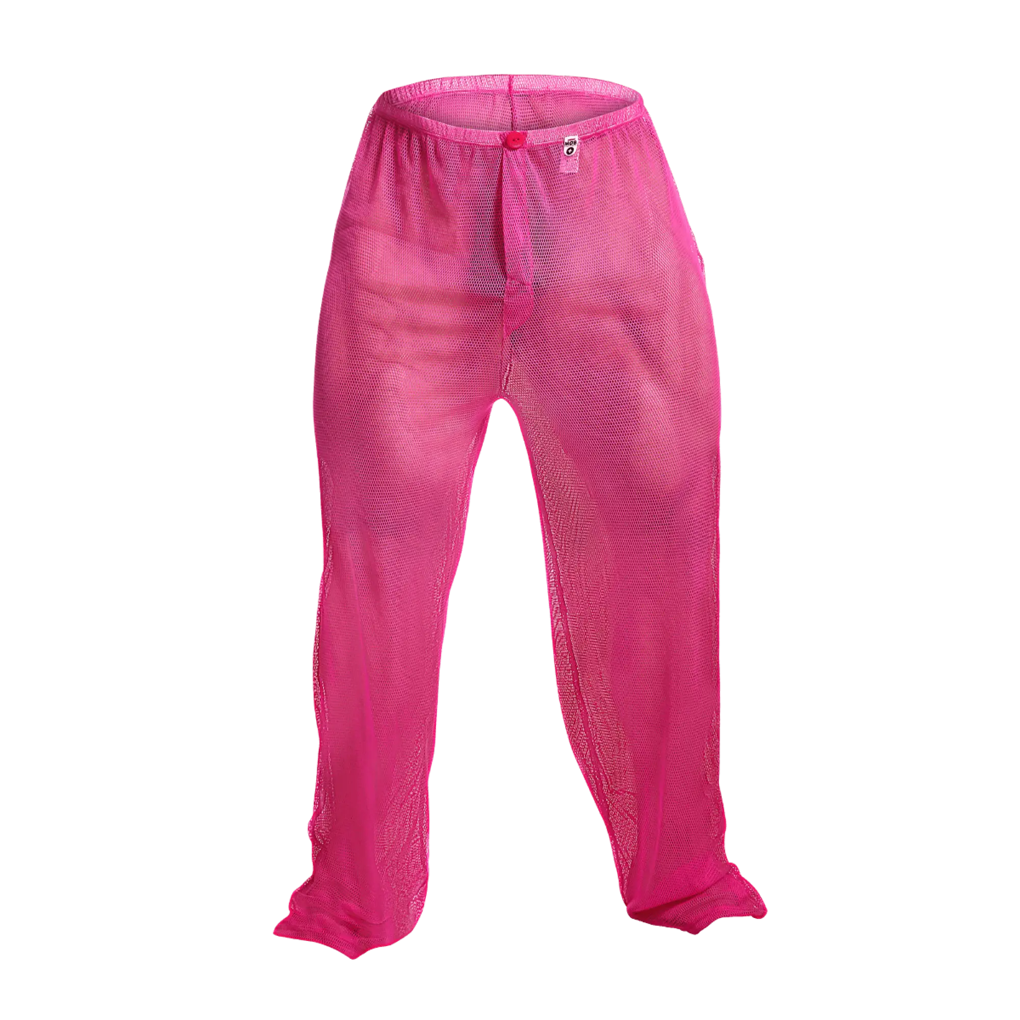 Bright pink mob fishnet pants with elastic waistband and small front tag made of mesh material