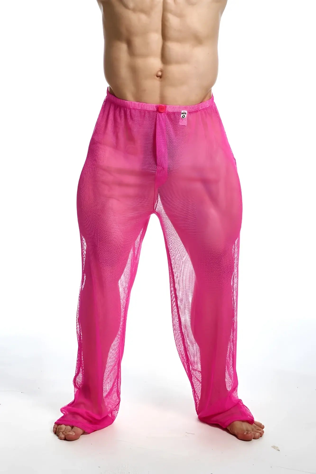 Mob fishnet pants in bright pink mesh with a snug elastic waistband and red button closure