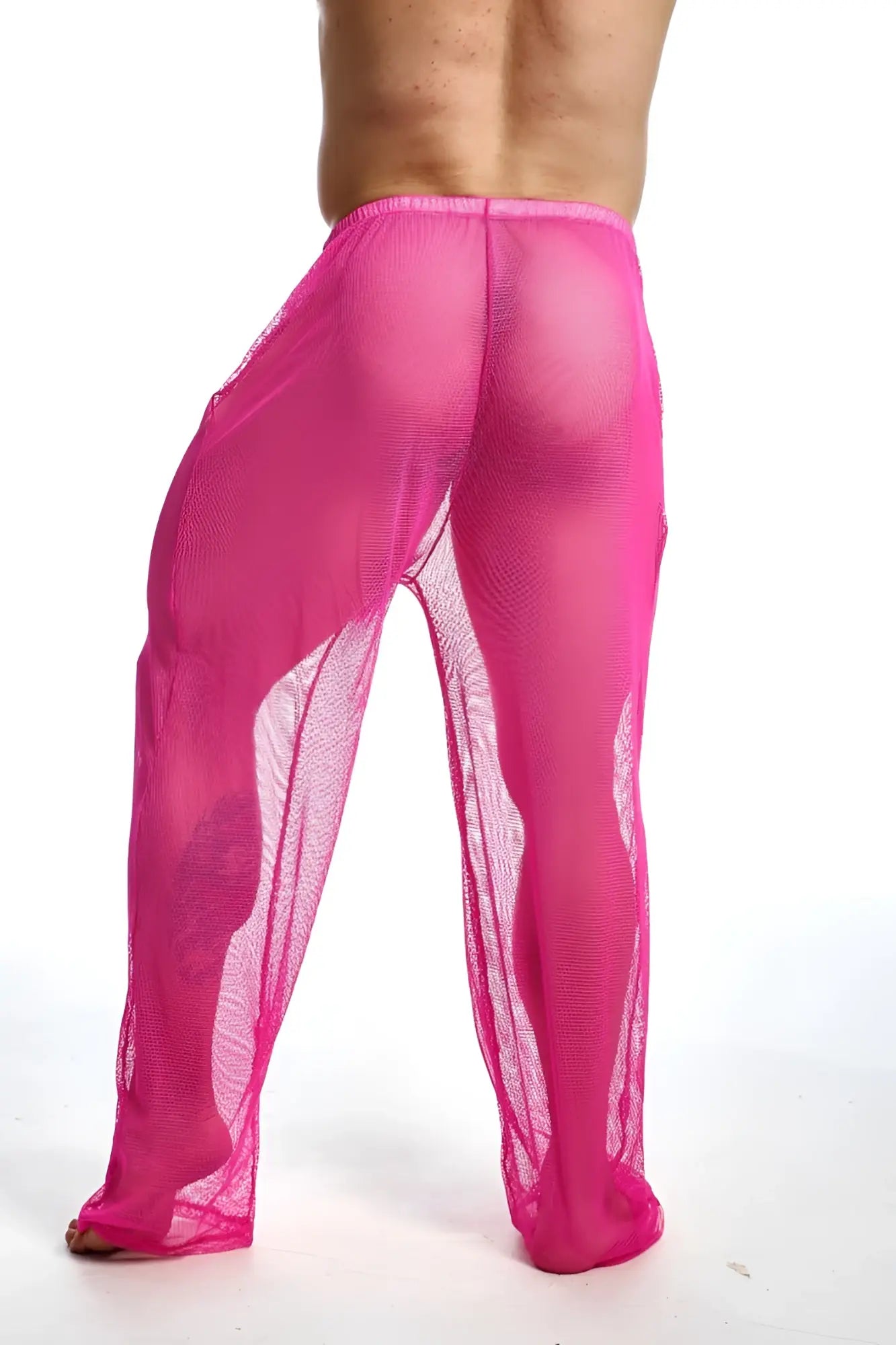 Bright pink sheer mesh mob fishnet pants with flowing translucent design for stylish layering and breathable comfort