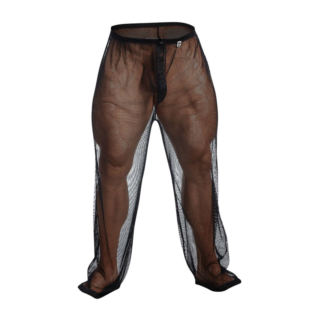 Mob fishnet pants in brown mesh with black elastic waistband and silver reflective side panels