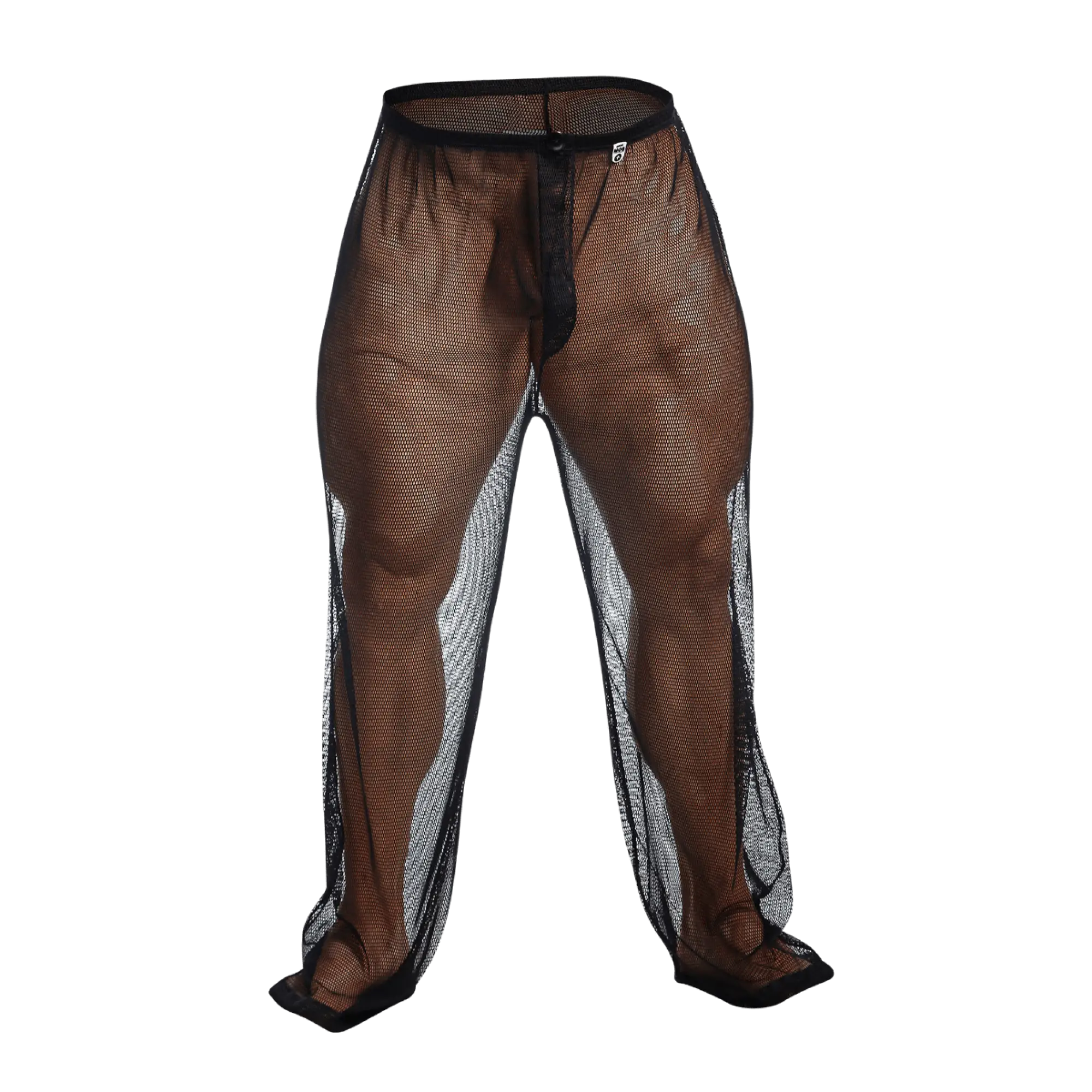 Brown mesh mob fishnet pants with black elastic waistband and silver reflective side panels