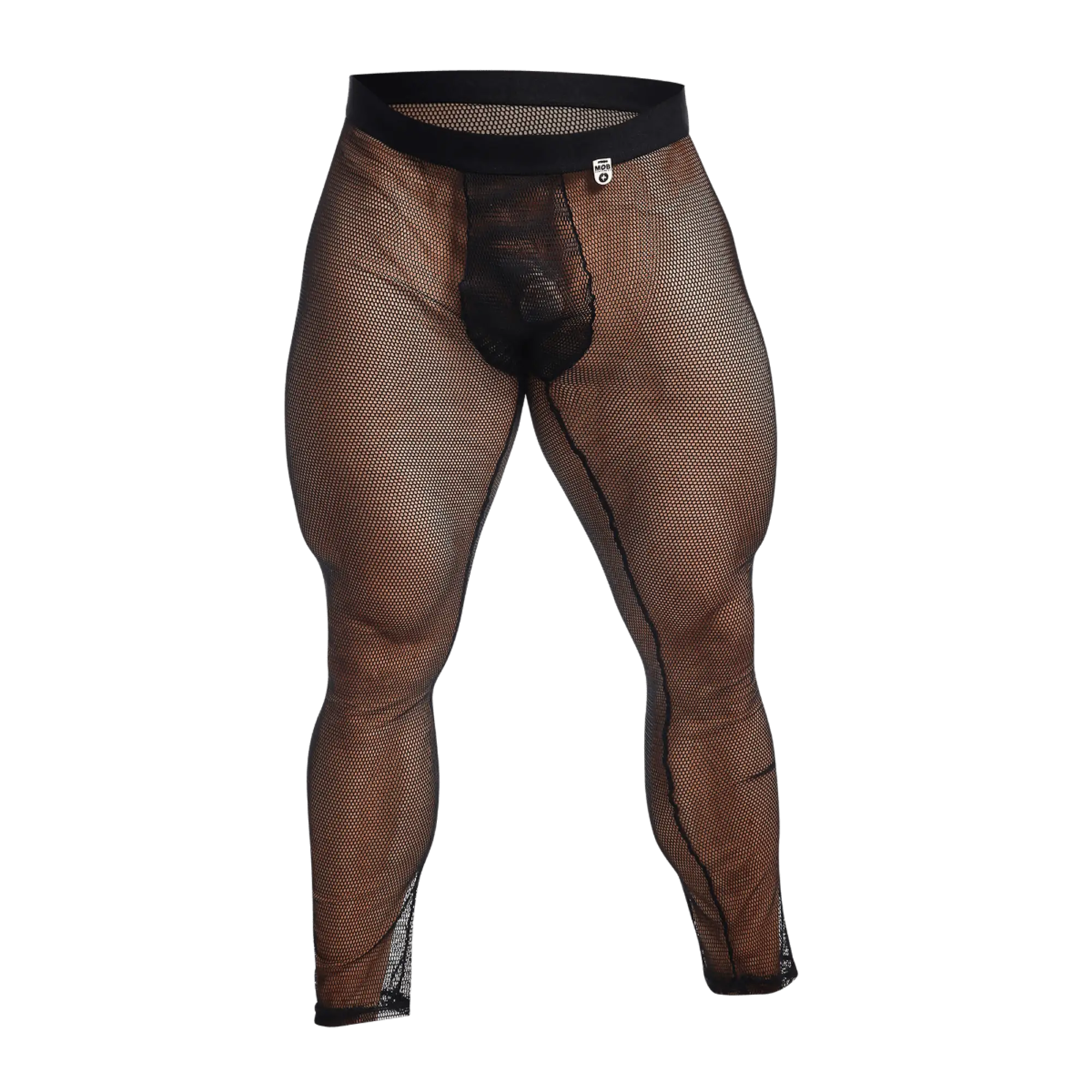 Black mesh mob fishnet tights for men with solid black waistband and reinforced leg seams front view