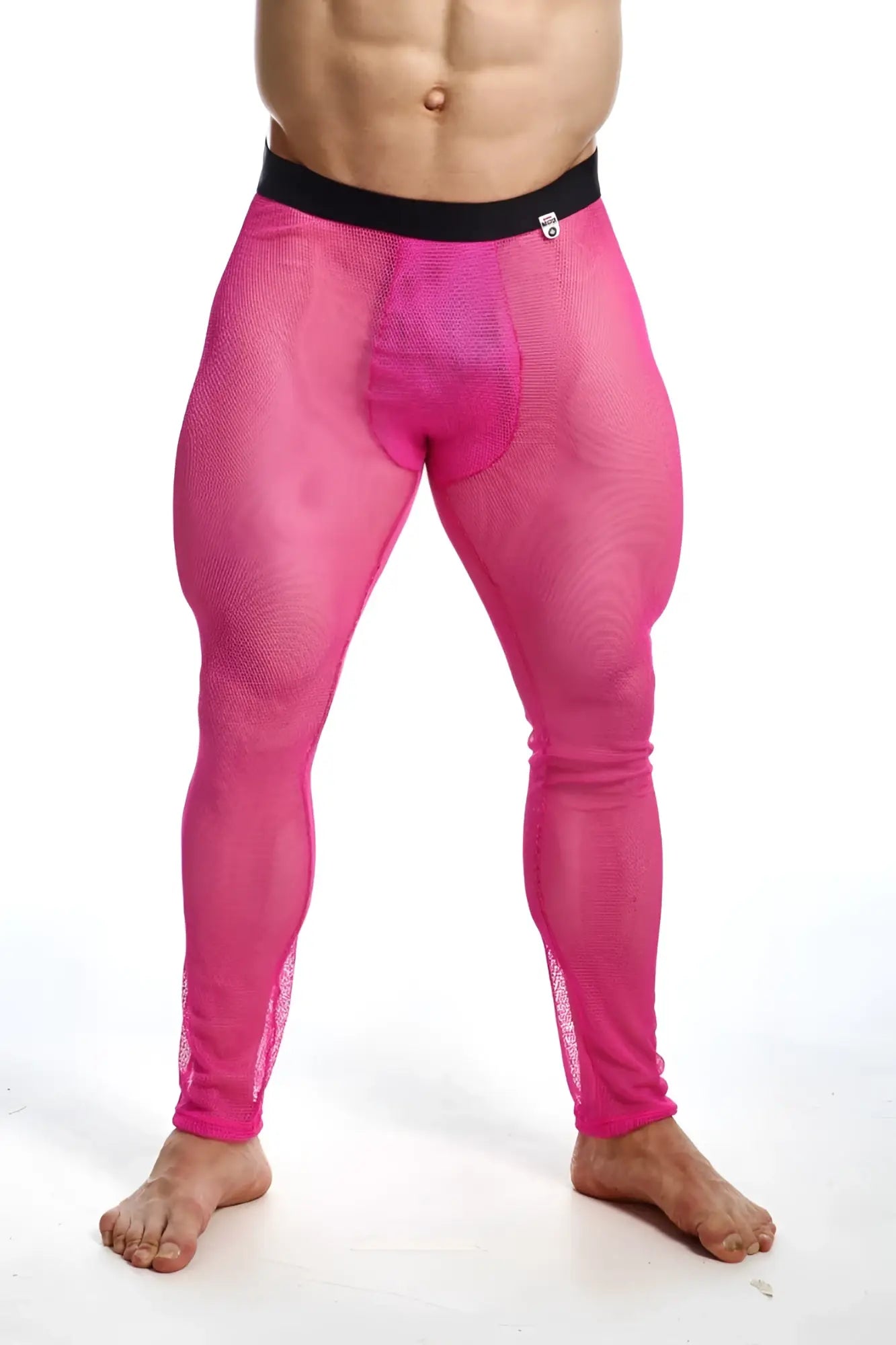 Bright pink mob fishnet tights with black waistband featuring breathable mesh material for stylish wear