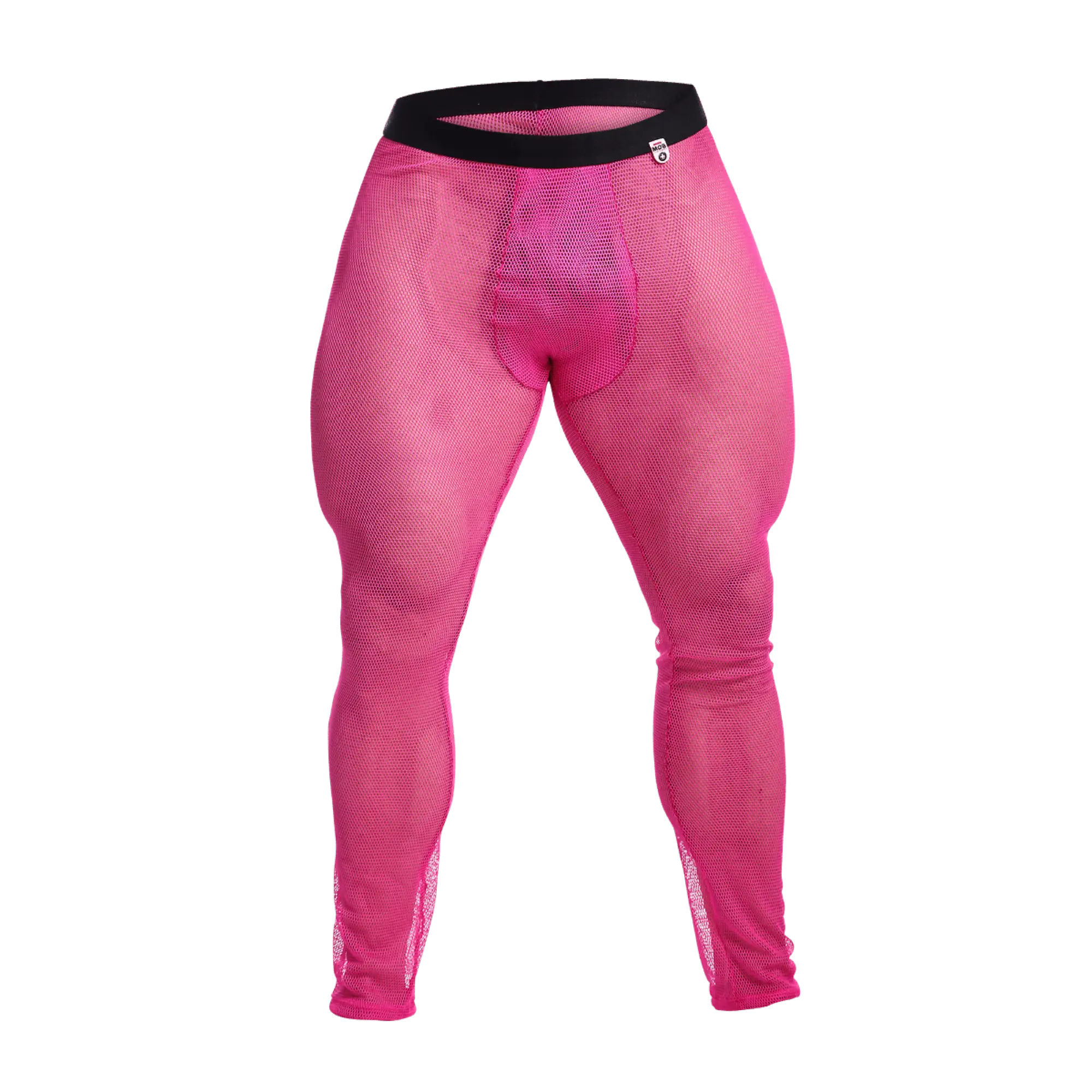 Bright pink mob fishnet tights with black waistband made of mesh material for stylish and breathable wear