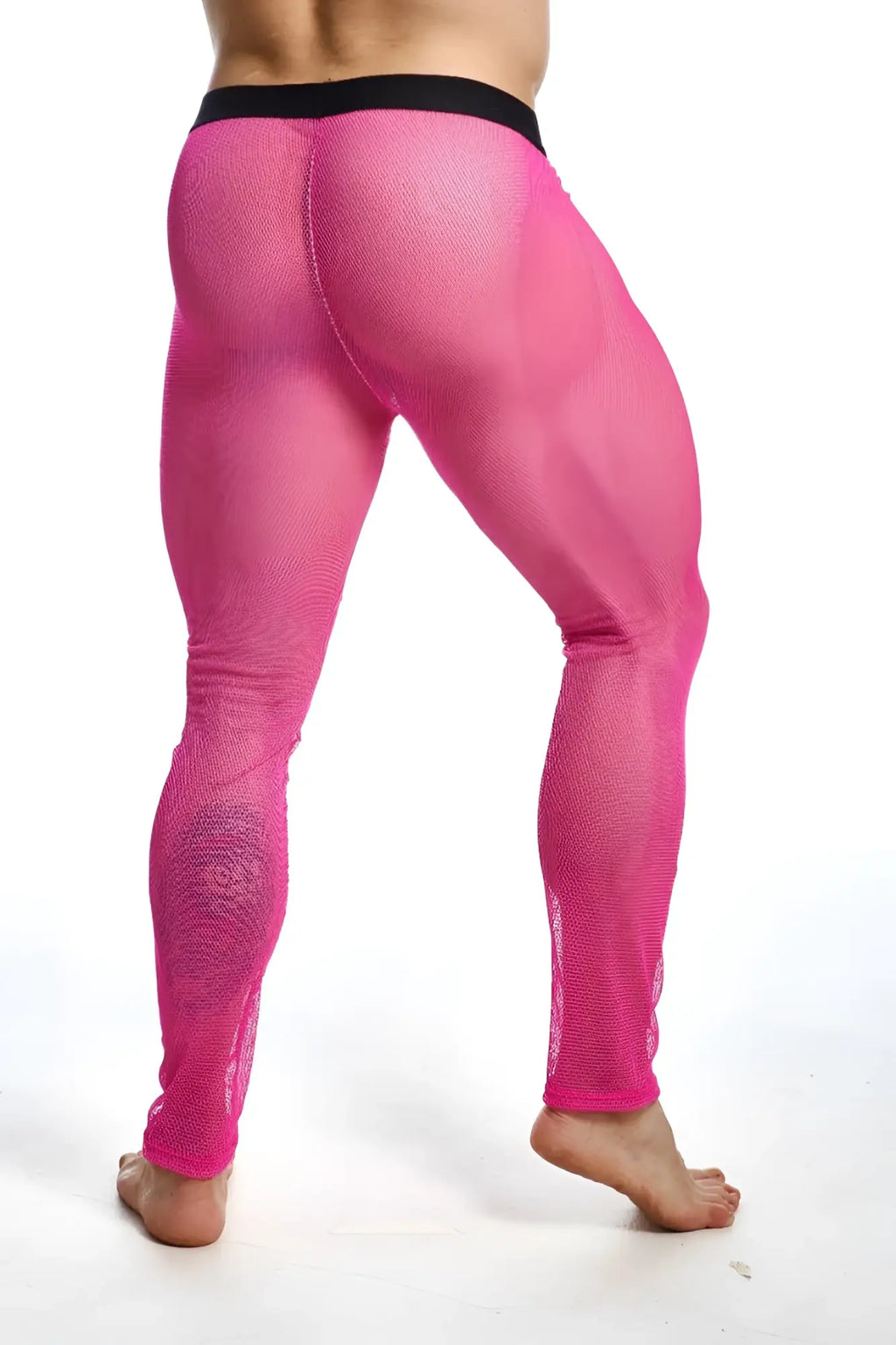 Bright pink mesh mob fishnet tights with black waistband made from breathable fishnet fabric