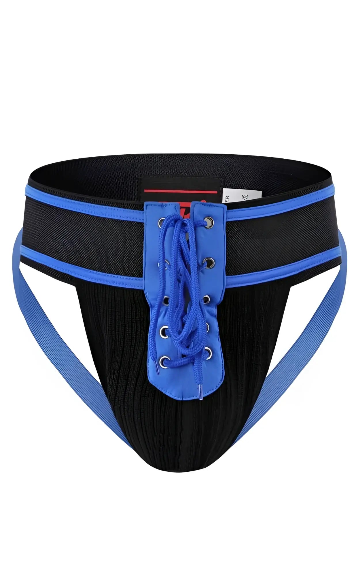 Black athletic briefs mob football jockstrap with blue trim and lace-up front for sports performance