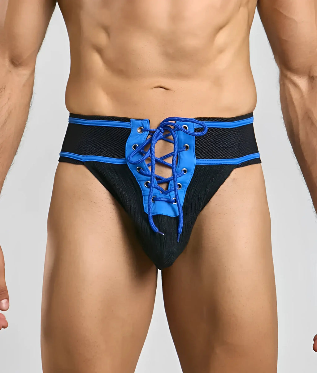 Black and blue lace-up athletic briefs with mesh texture front view for mob football jockstrap