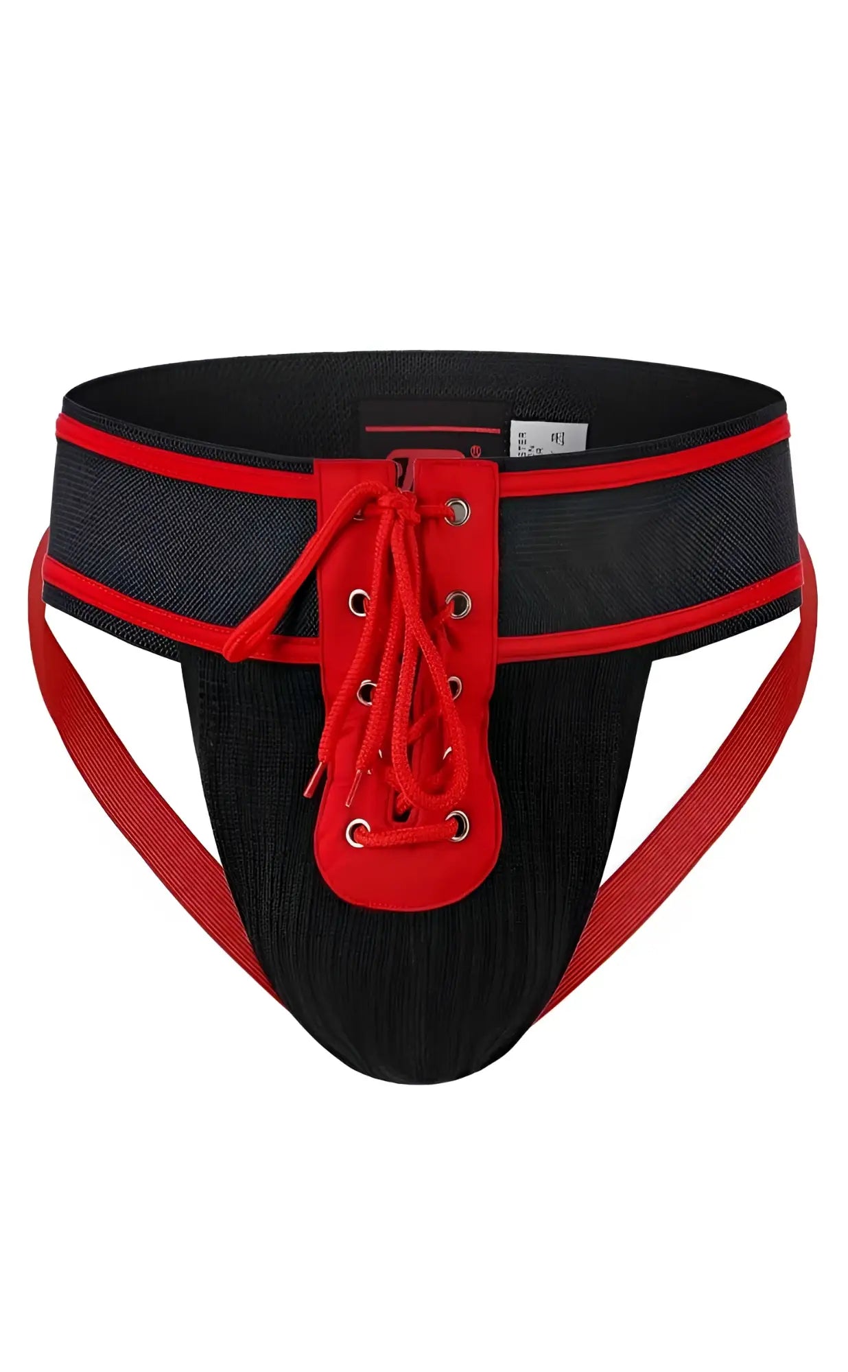 Black and red MOB football jockstrap with lace-up front and textured fabric waistband for athletic use