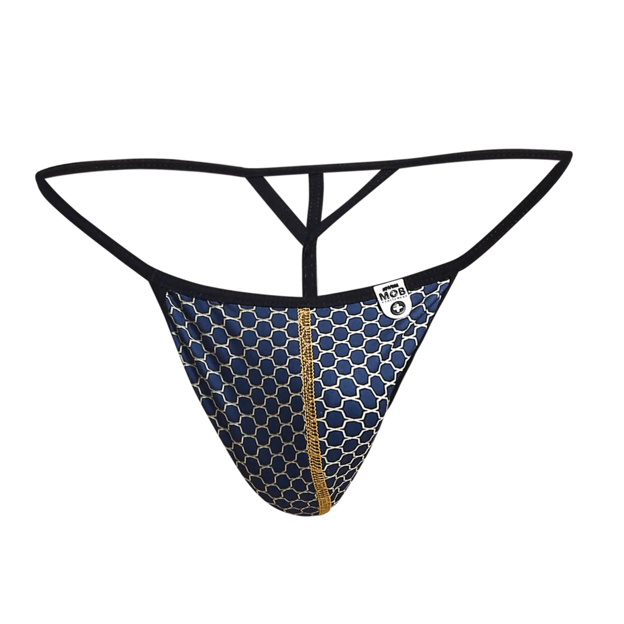 MOB hipster T thong in blue and white honeycomb pattern with gold zipper and black elastic straps