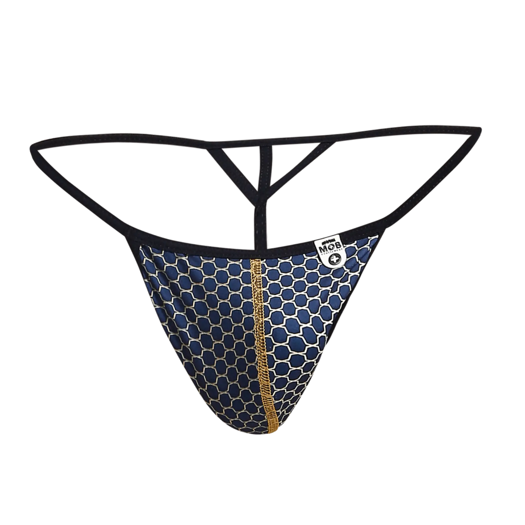 Mob hipster t thong print blue and white honeycomb pattern with gold zipper and black elastic straps front view