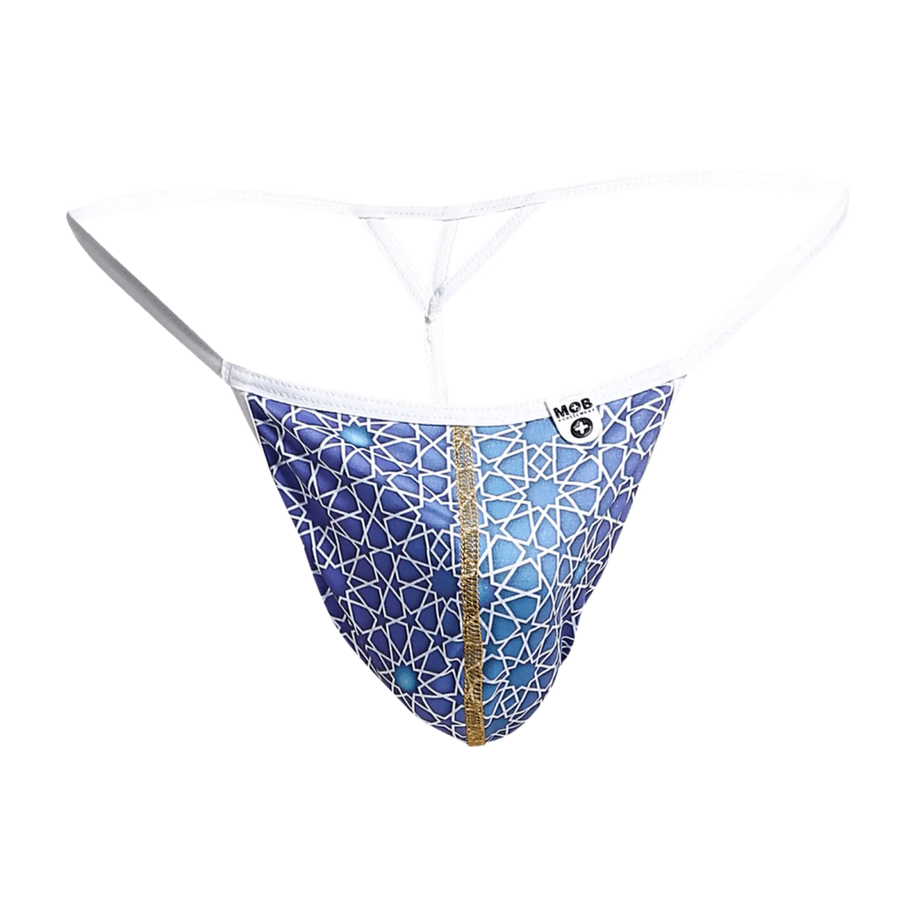 Blue patterned MOB hipster T thong with white geometric design gold zipper and white waistband shown from the back