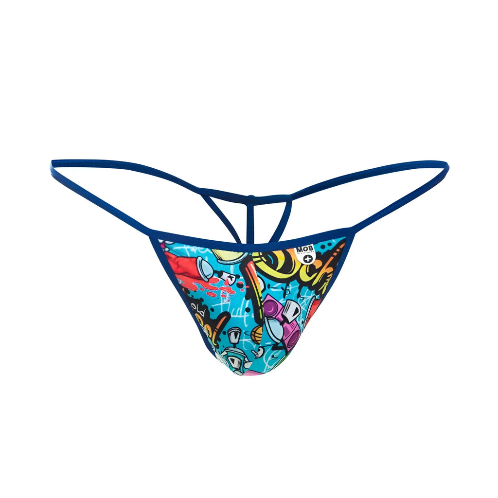 Vibrant MOB hipster T thong print with bold blue red purple graffiti pattern and sleek navy elastic waistband front view