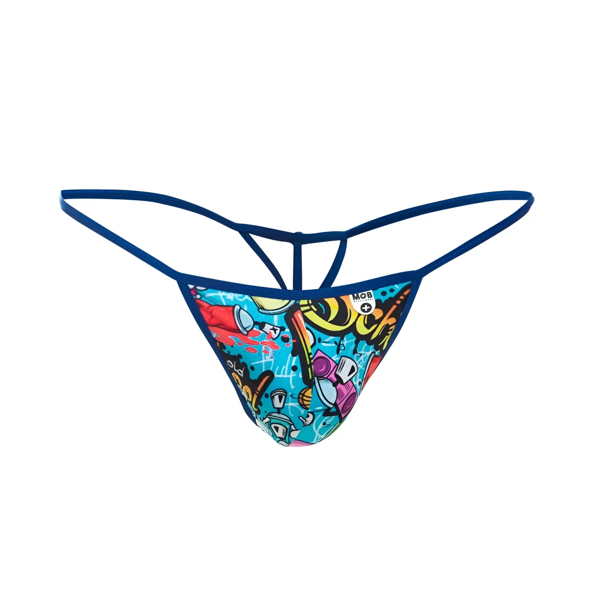 Vibrant mob hipster t thong print with graffiti pattern in bold blue red purple and sleek navy elastic waistband