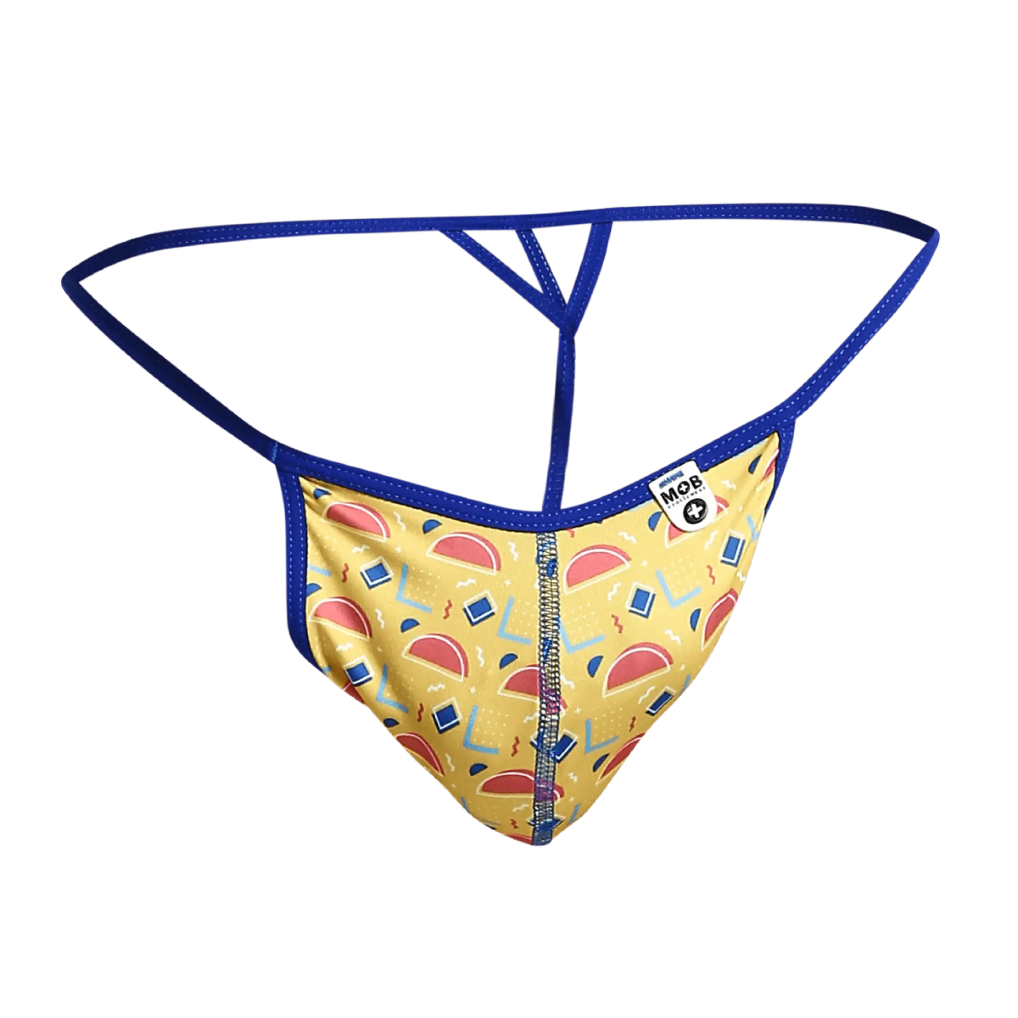 Mob hipster t thong print yellow and blue patterned thong with retro red semicircles geometric shapes and central zipper