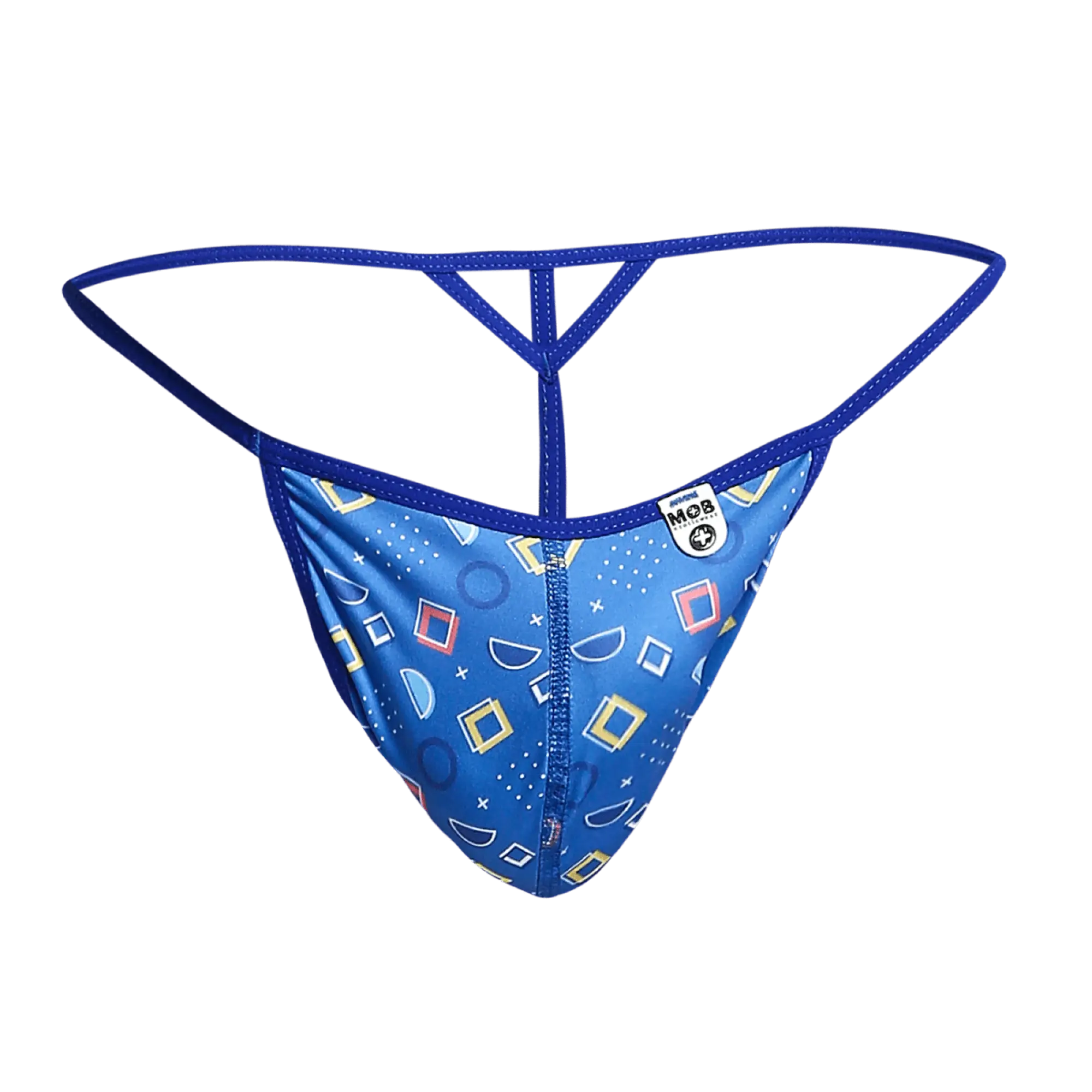 Blue patterned mob hipster t thong with geometric shapes and central zipper featuring the mob brand label