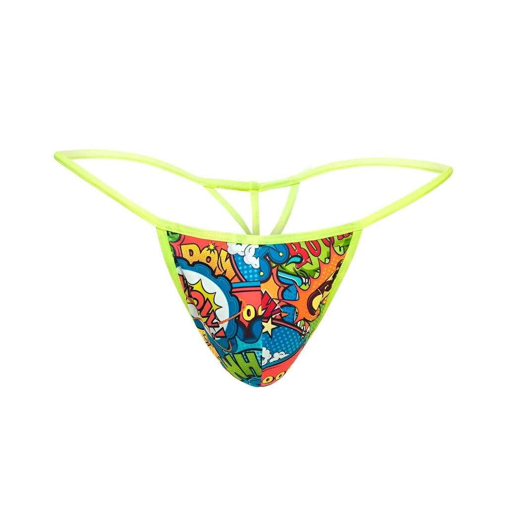 Vibrant neon green mob hipster t thong print with bold comic book design and colorful speech bubbles on the back side