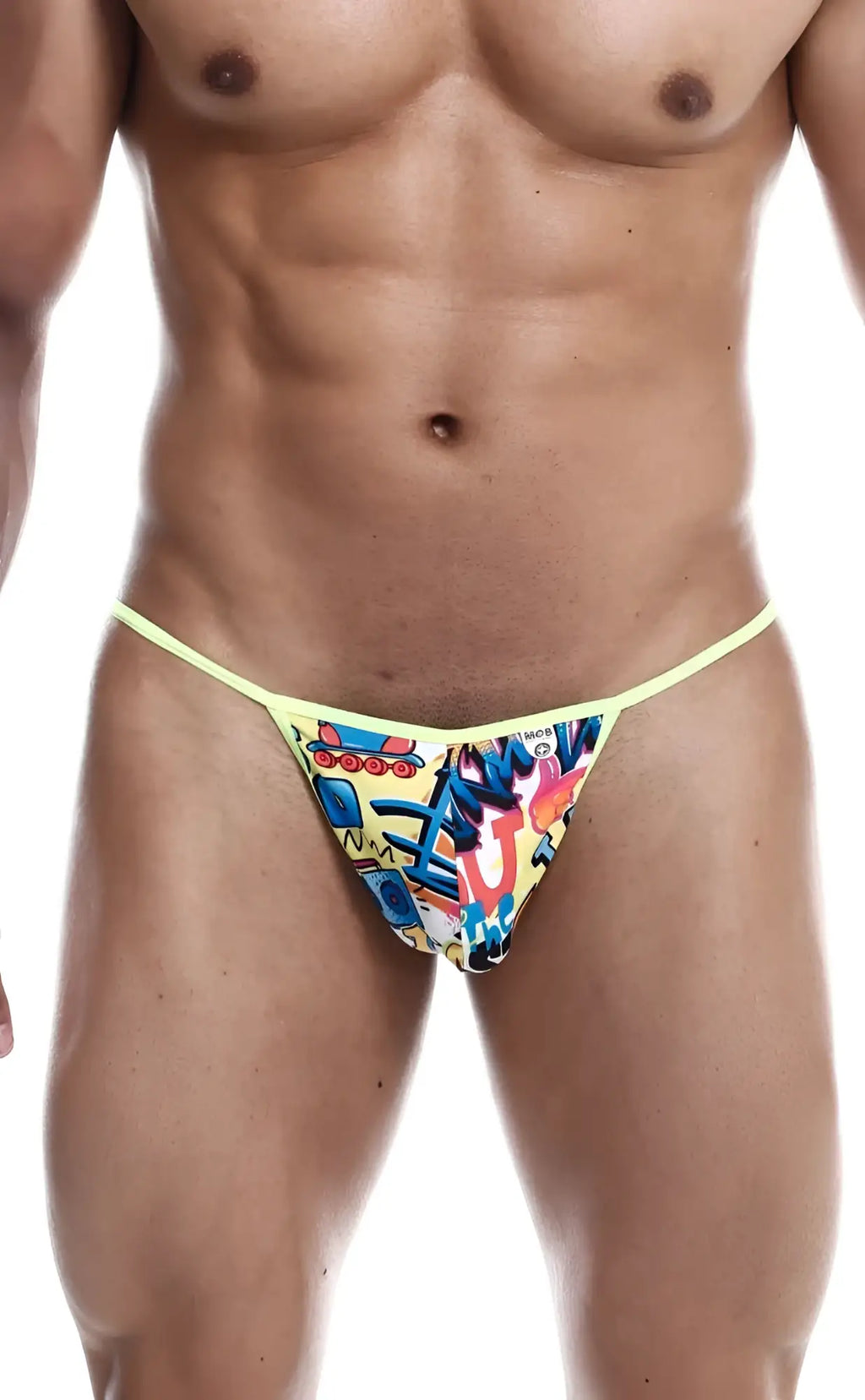 Bright yellow mob hipster t thong print with vibrant graffiti style cartoon characters and bold lettering design