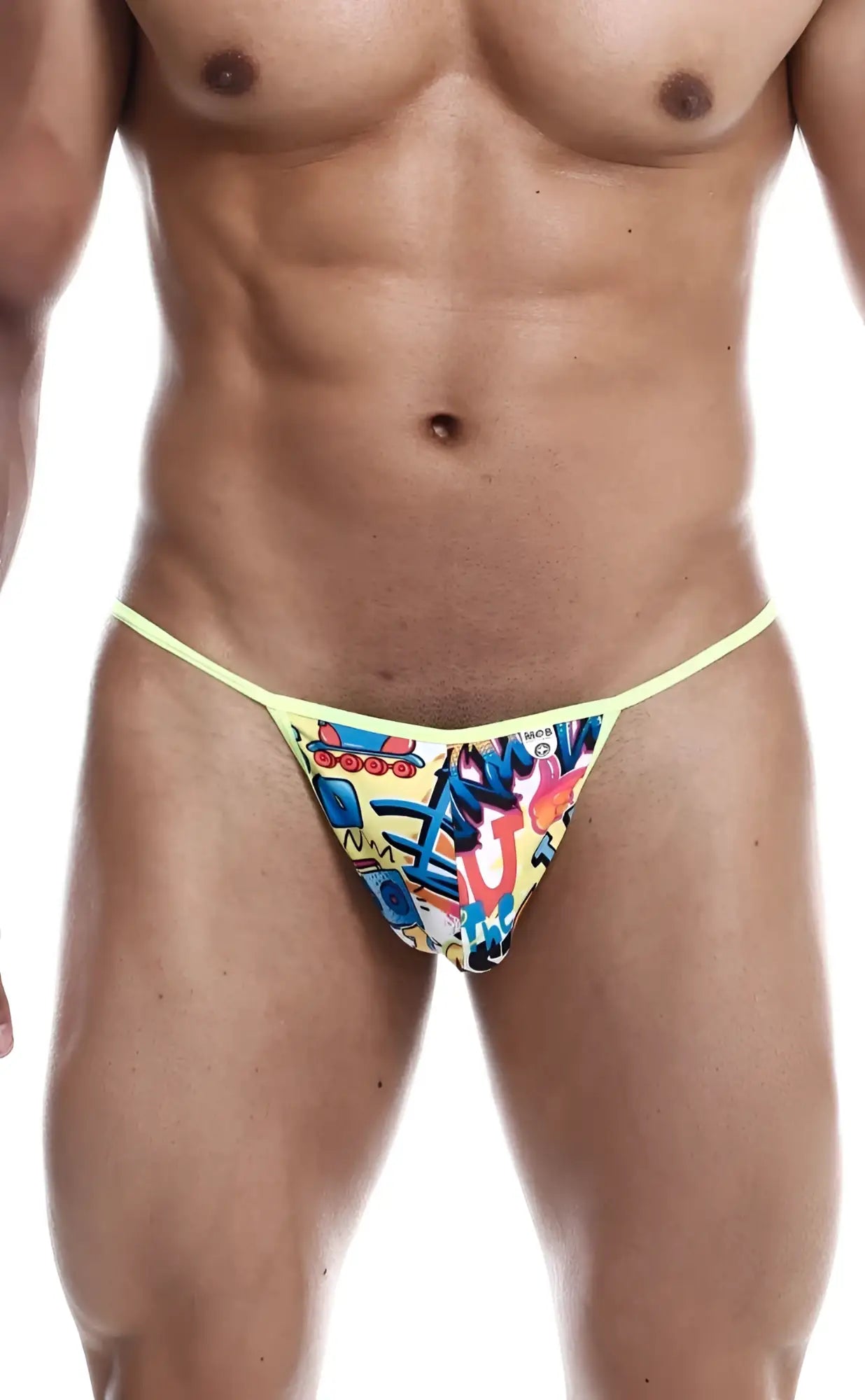 Bright yellow mob hipster t thong print with vibrant graffiti style cartoon characters and bold lettering design