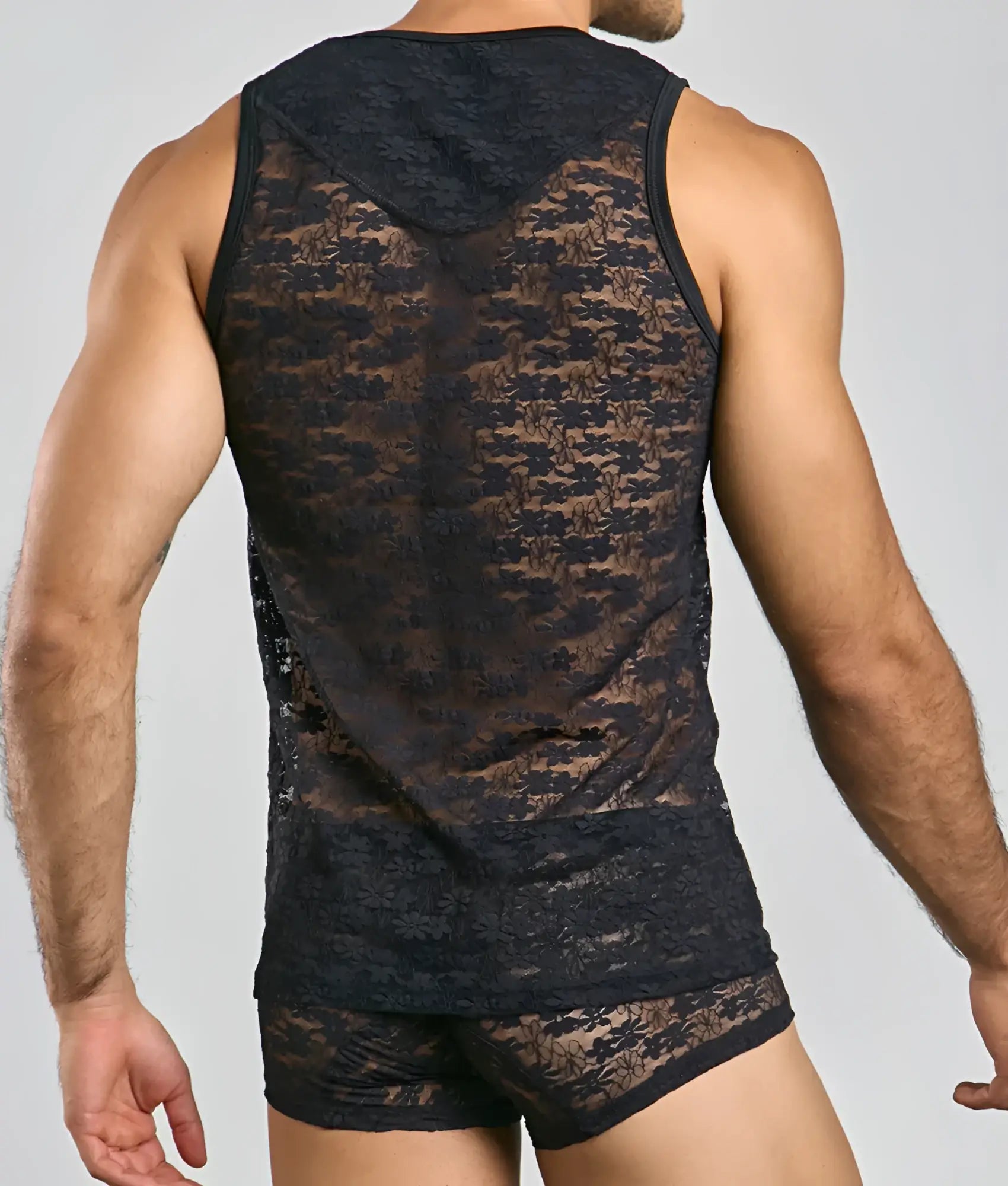 Black lace hooded tank top with floral pattern and sleeveless design in MOB lace tank top product