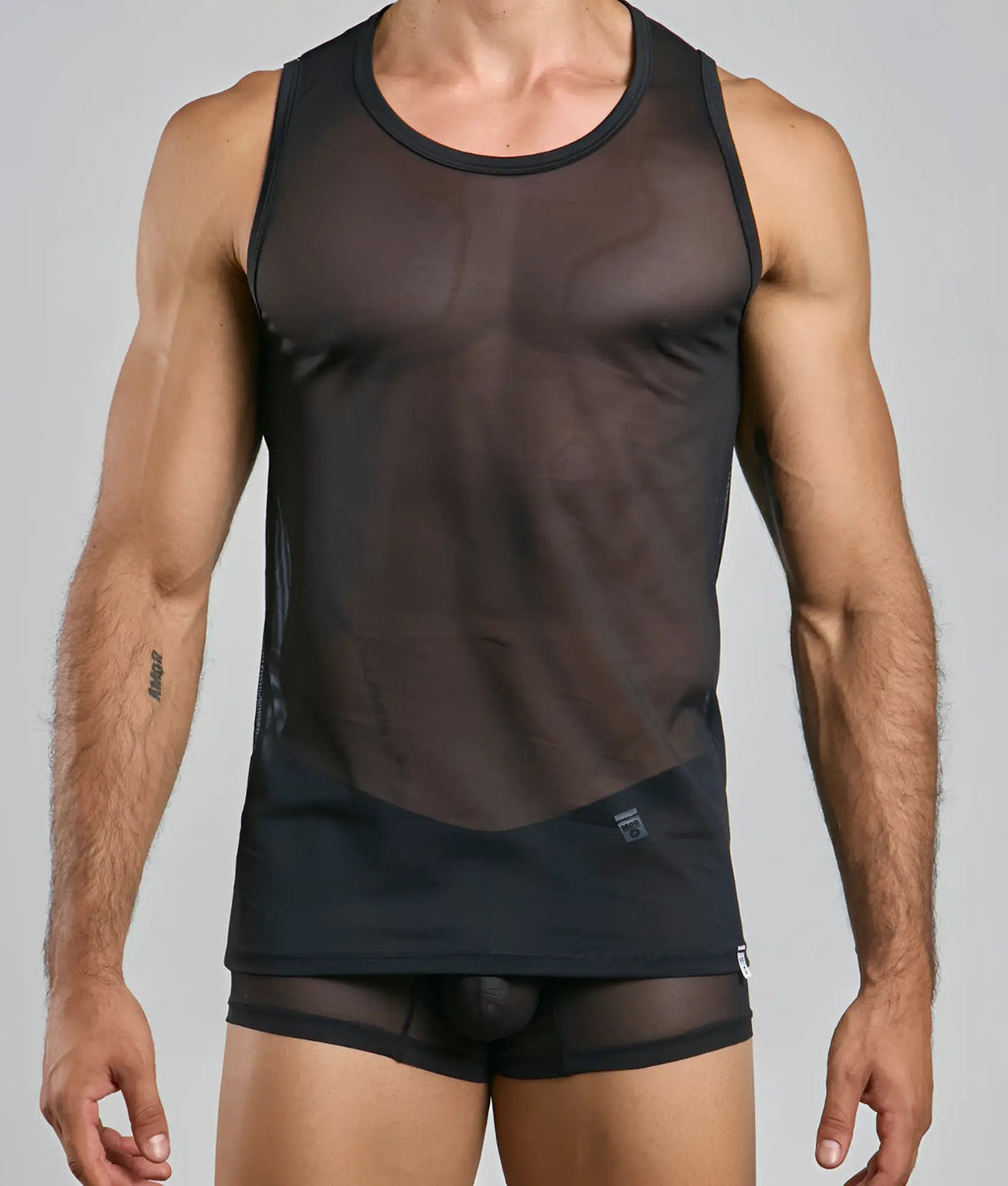 Black sheer mesh tank top with solid black trim and waistband from mob lace tank top collection