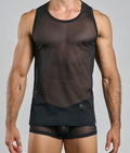 Black sheer mesh tank top with solid black trim and waistband from mob lace tank top collection