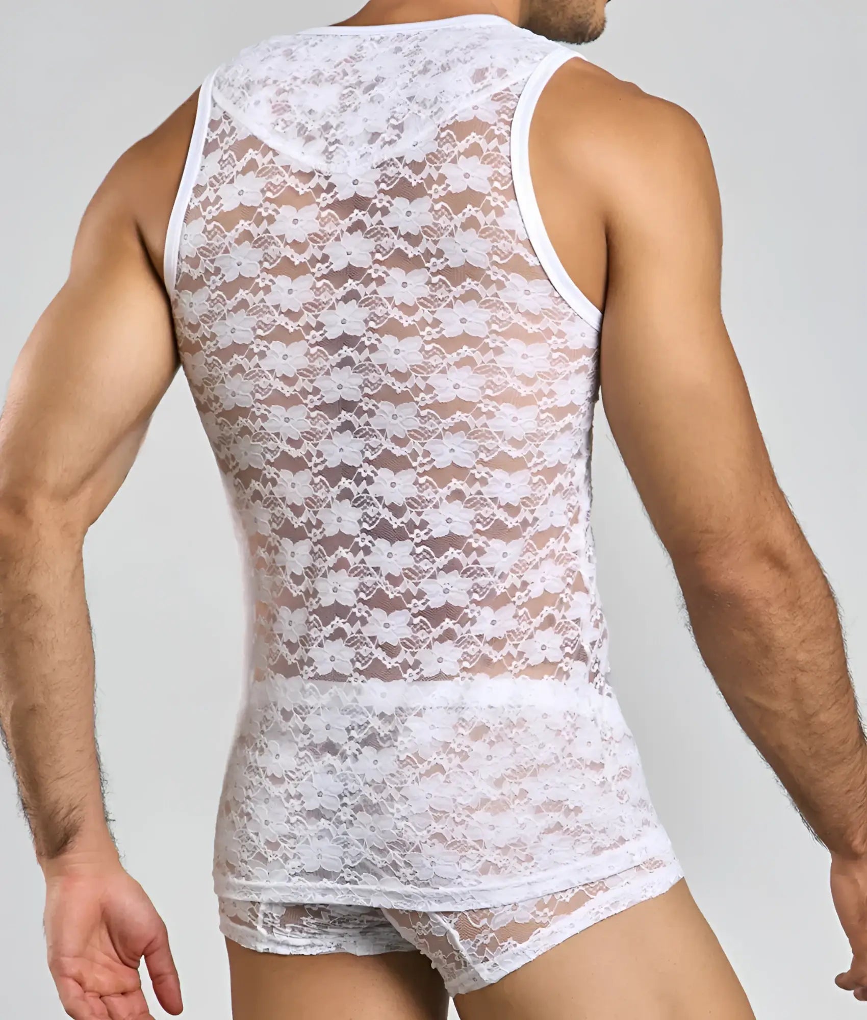 Mob lace tank top white floral lace with sheer mesh panels and fitted form-fitting design for elegant wear