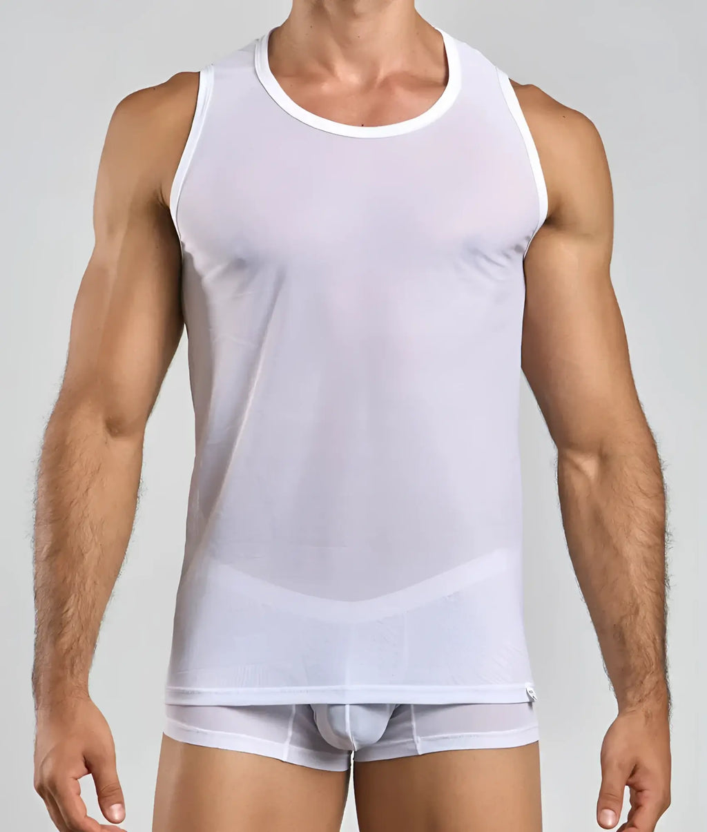 White sheer mesh lace tank top with round neckline and subtle curved design detail from MOB
