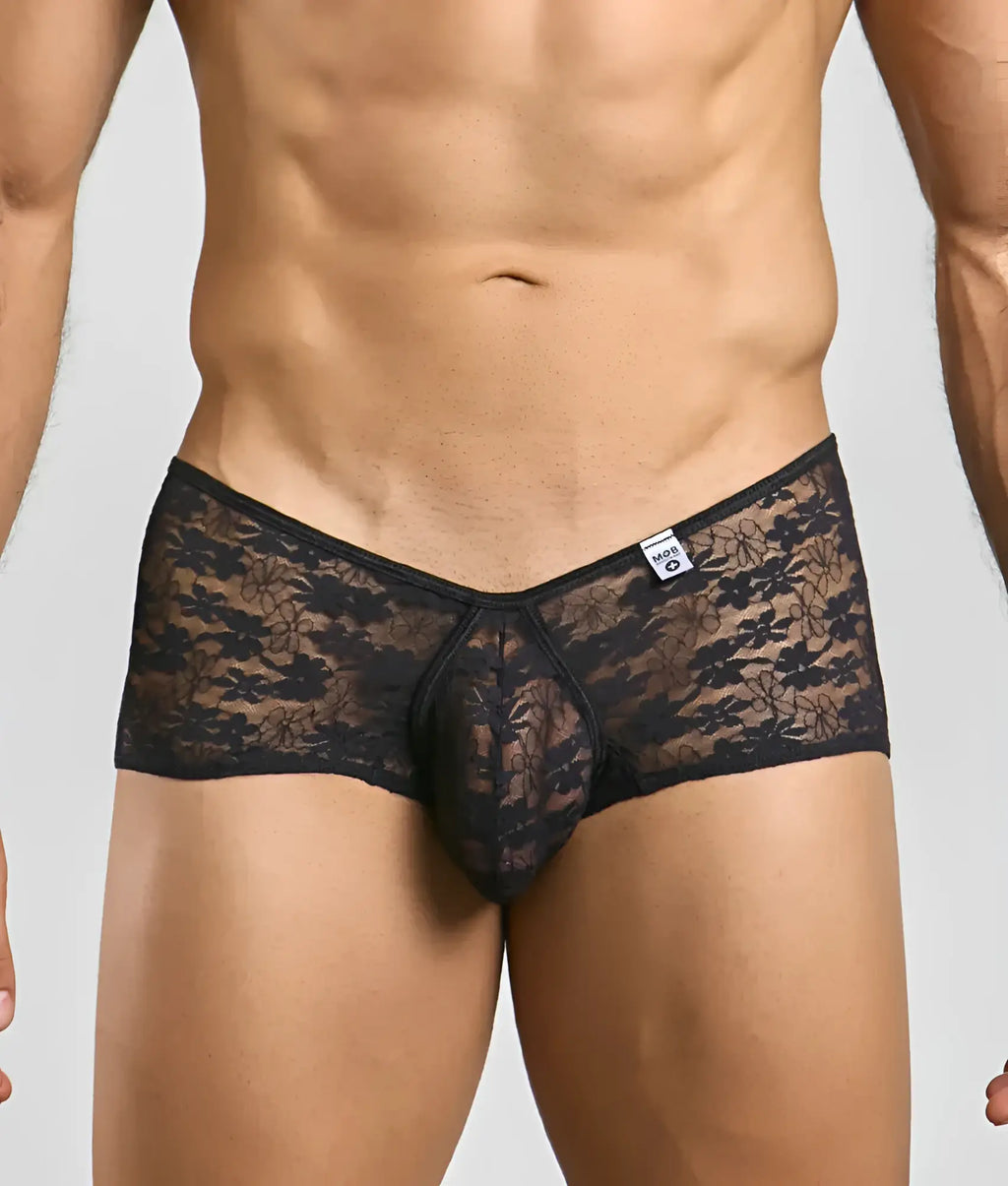 Black lace mens underwear mob loop cheeky trunk with floral pattern and central pouch design