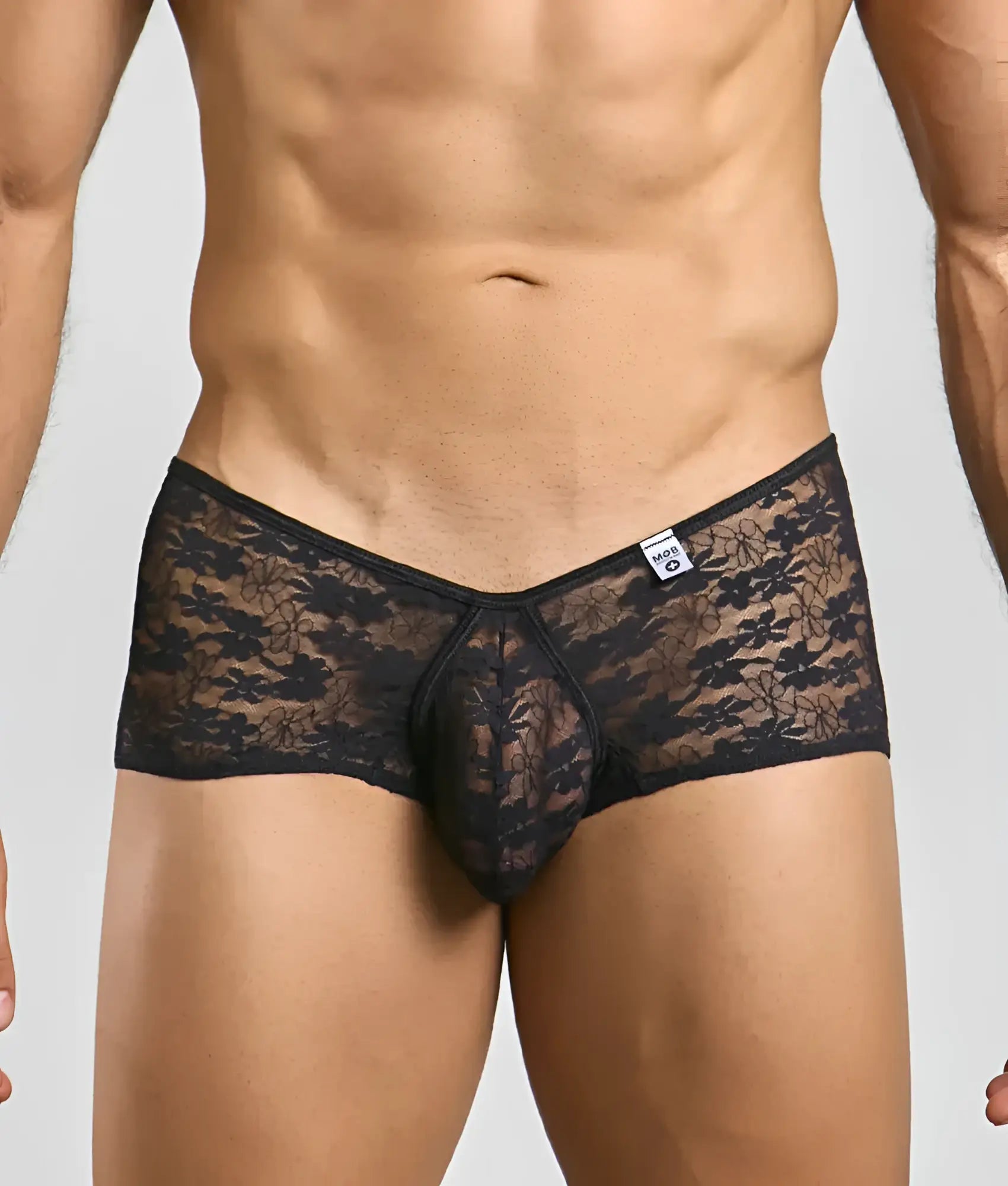 Black lace mens underwear mob loop cheeky trunk with floral pattern and central pouch design