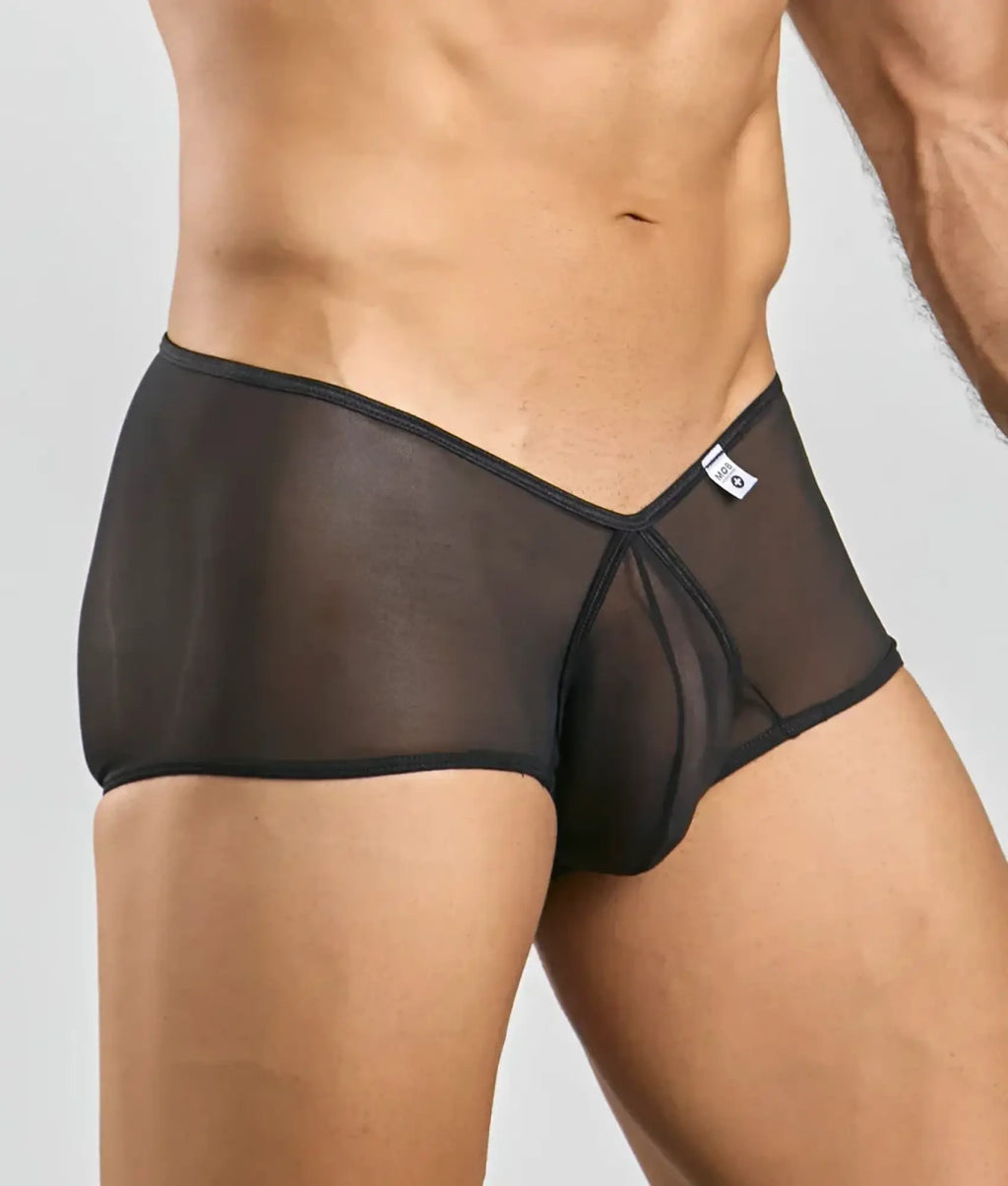 Black sheer mesh mob loop cheeky trunk briefs with sleek form-fitting design and reinforced elastic waistband