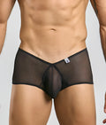 Black sheer mesh cheeky trunk briefs with solid black waistband and front panel from mob loop