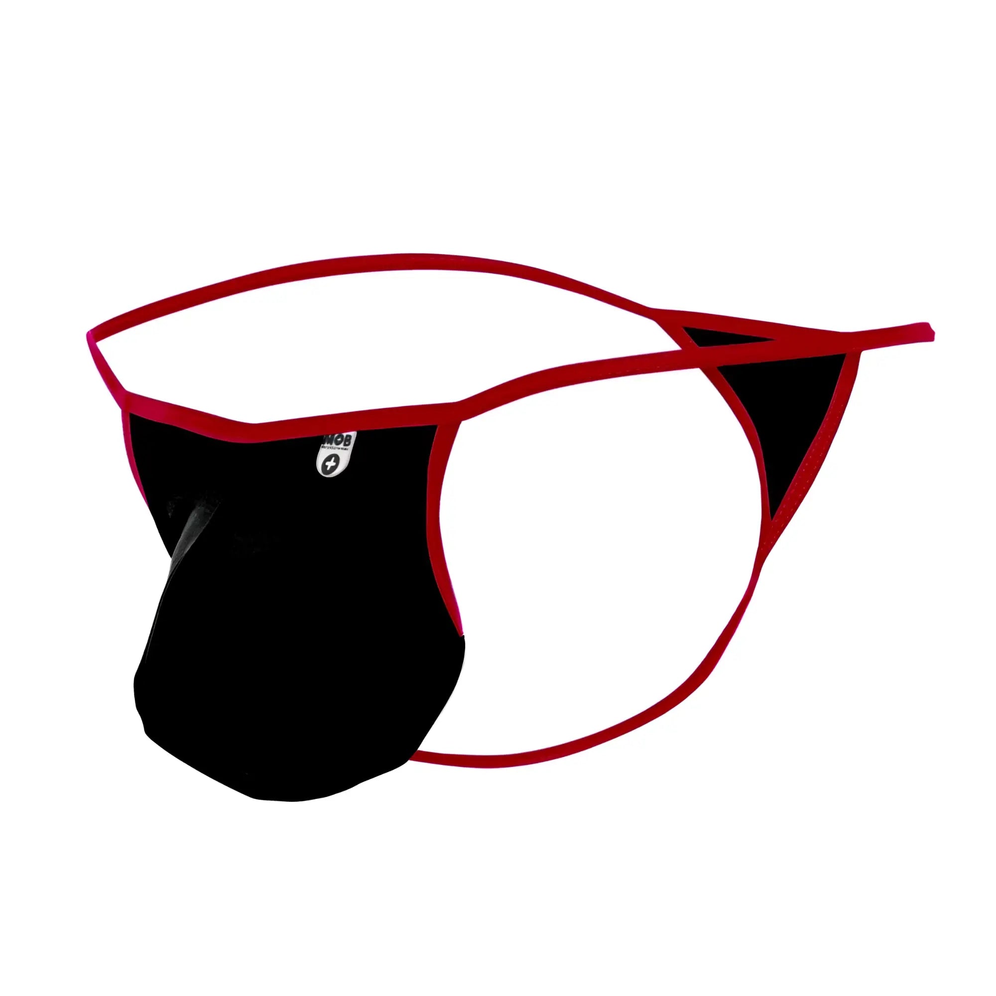 Black and red mob magic pouch thong with sleek minimalist design showing front side of the underwear