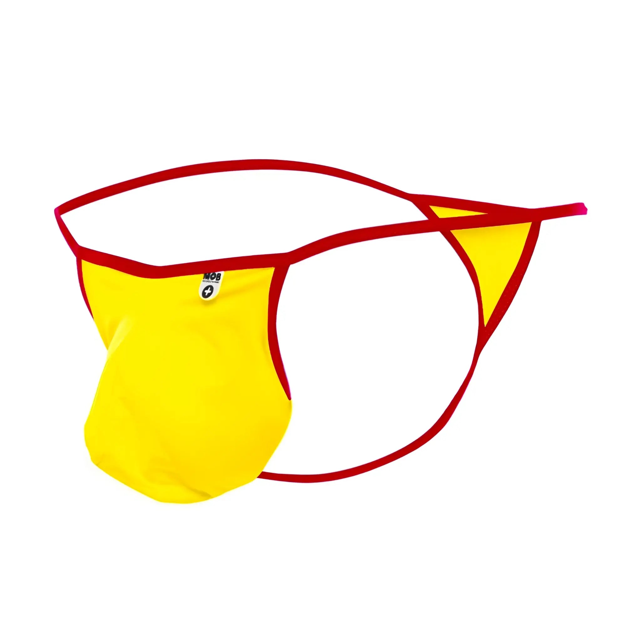 Bright yellow and red mob magic pouch thong with bold minimalist design shown from the back side