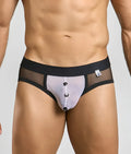 MOB MaitreD costume black and translucent mesh briefs with white front panel and three black buttons down center