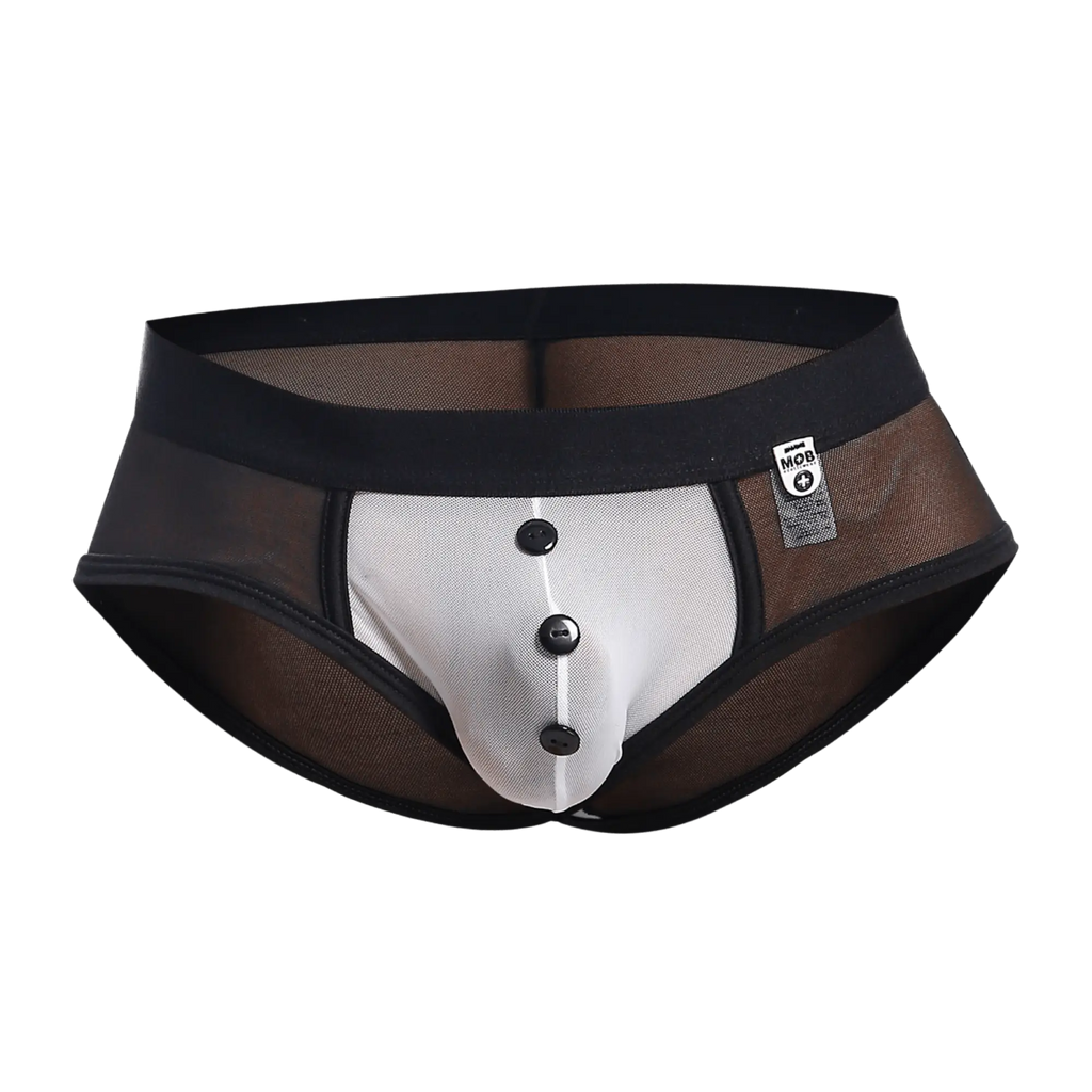 Black and white mesh briefs with button-front design from mob maitred costume for stylish lingerie wear