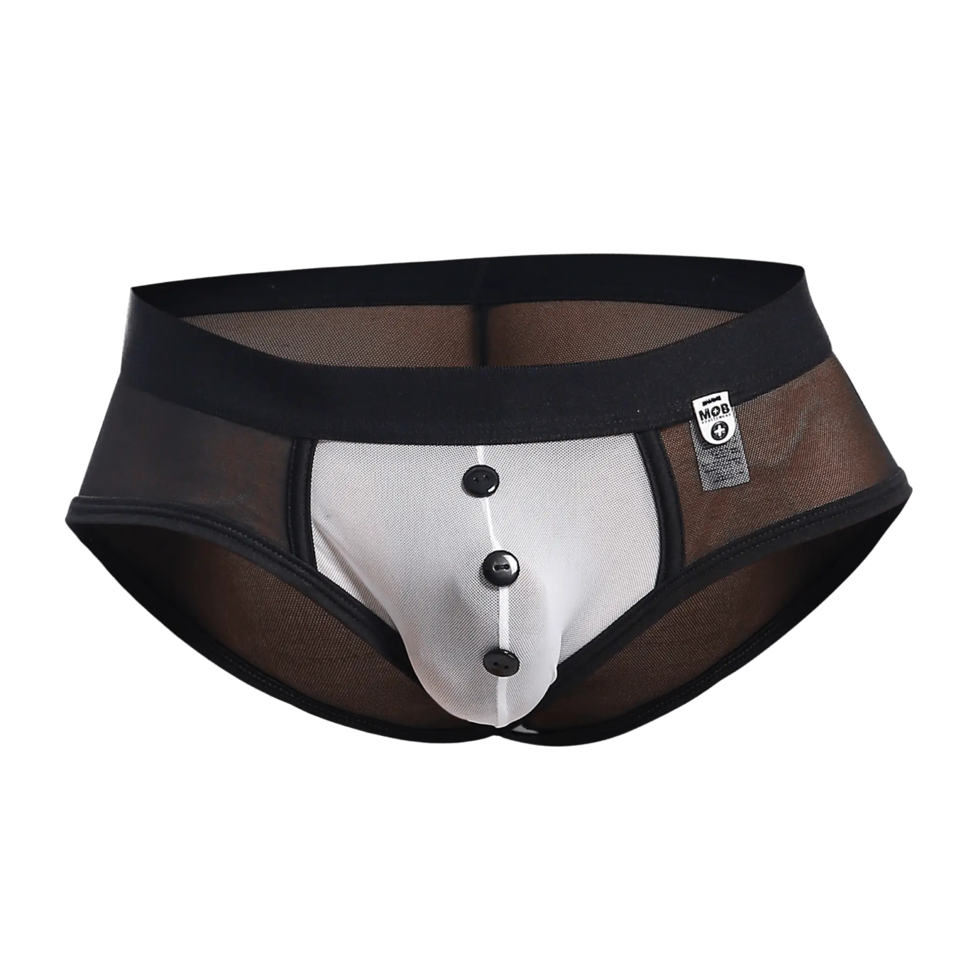 Black and white mesh briefs with button-front design from mob maitred costume for stylish lingerie wear