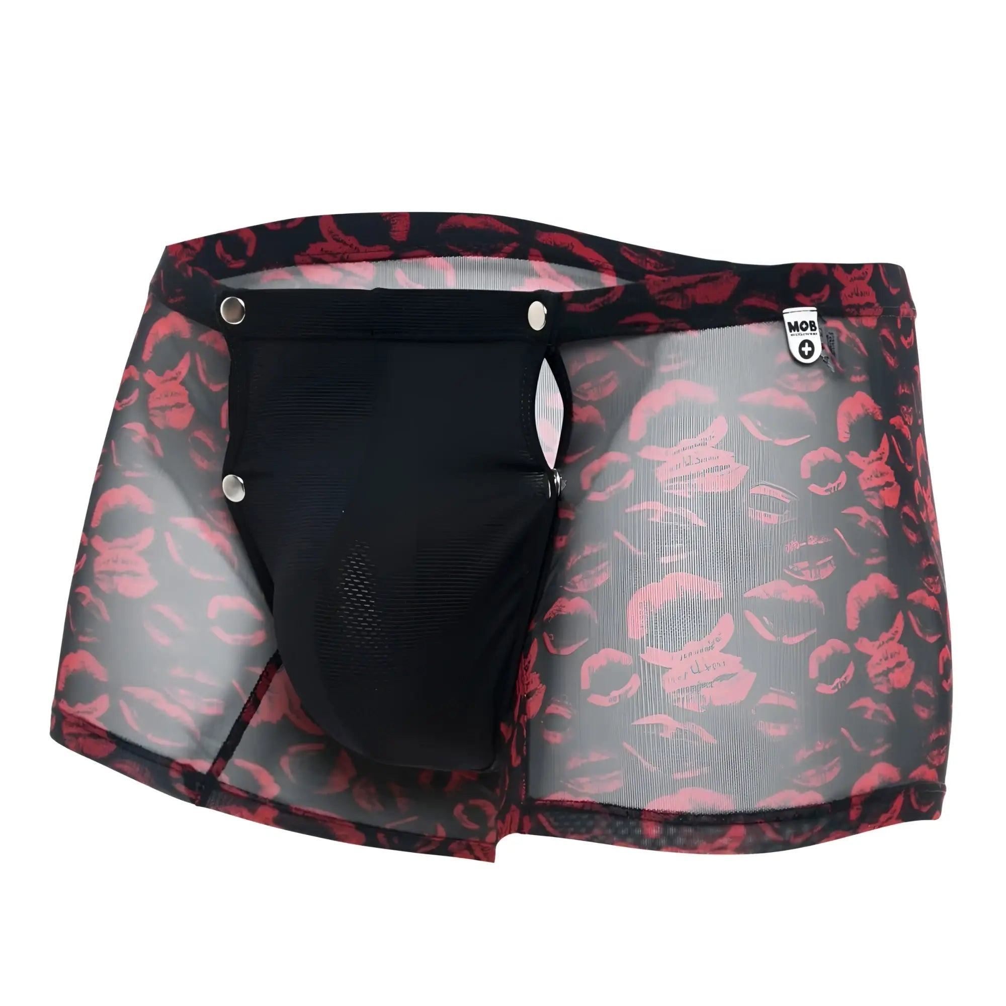 Mob men’s boxer tull pouch print black mesh briefs with bold red lipstick print pattern and silver snap closures