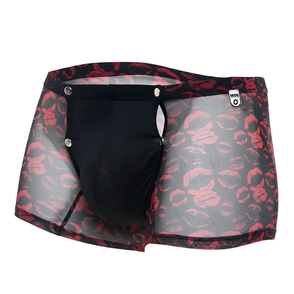 Mob men’s boxer tull pouch print black mesh briefs with bold red lipstick print and silver snap closures