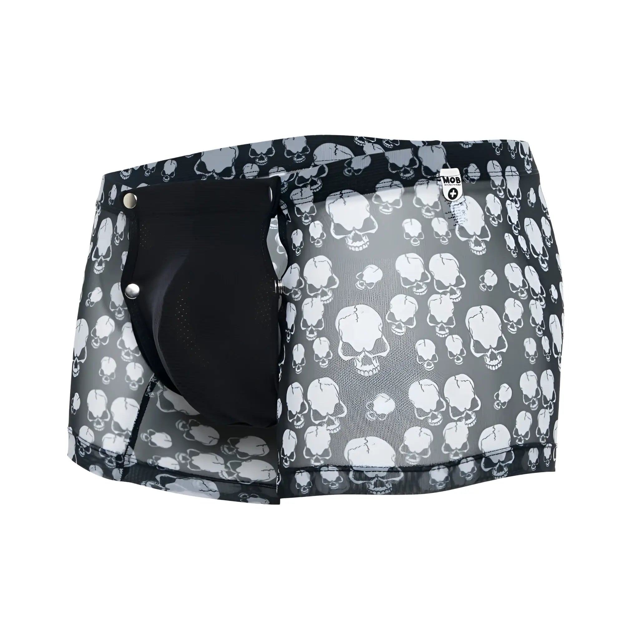 Mob men’s boxer tull pouch print black and white skull-patterned mesh briefs with black inner pouch front view