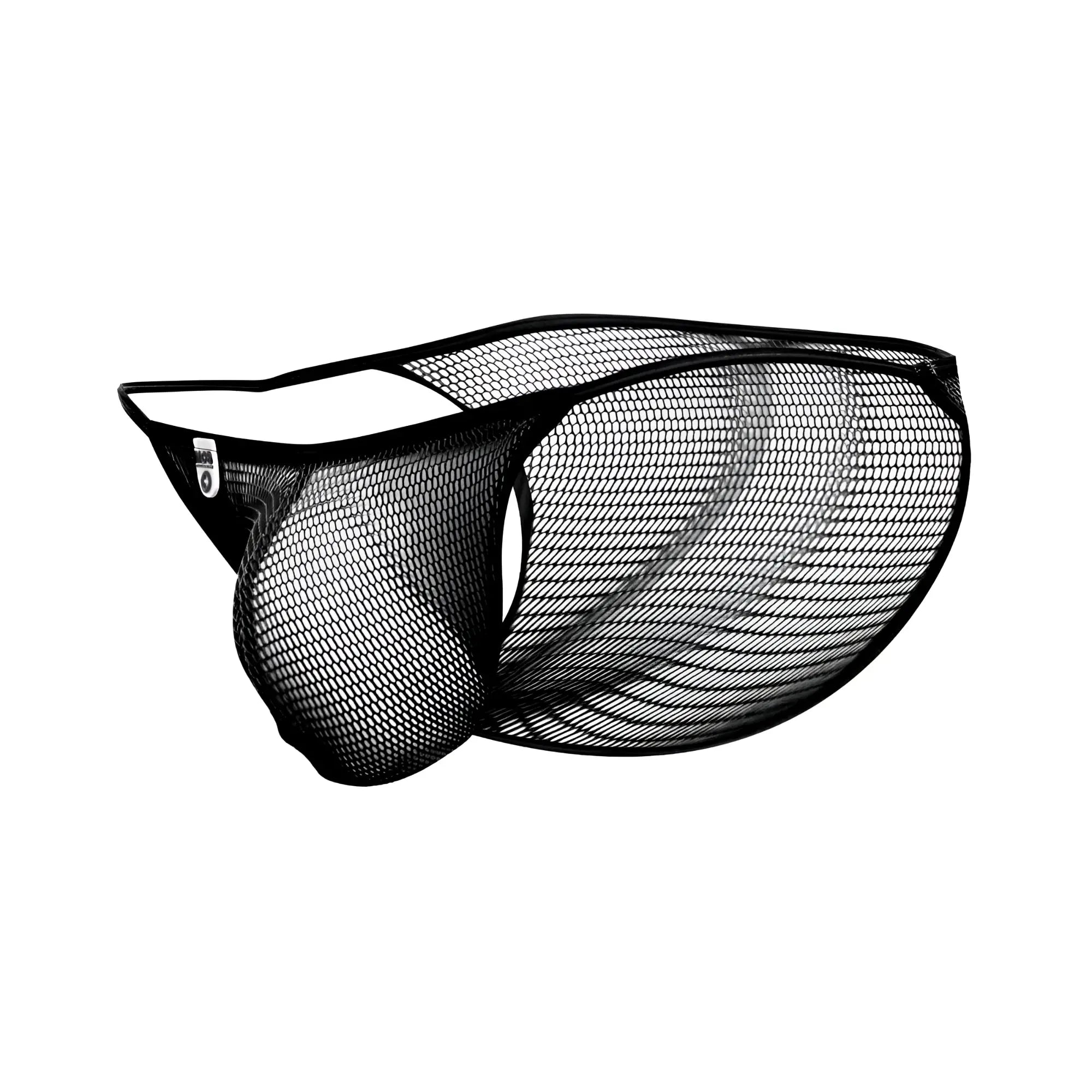 Mob men’s fishnet bikini black mesh briefs with sleek form-fitting design and reinforced elastic waistband