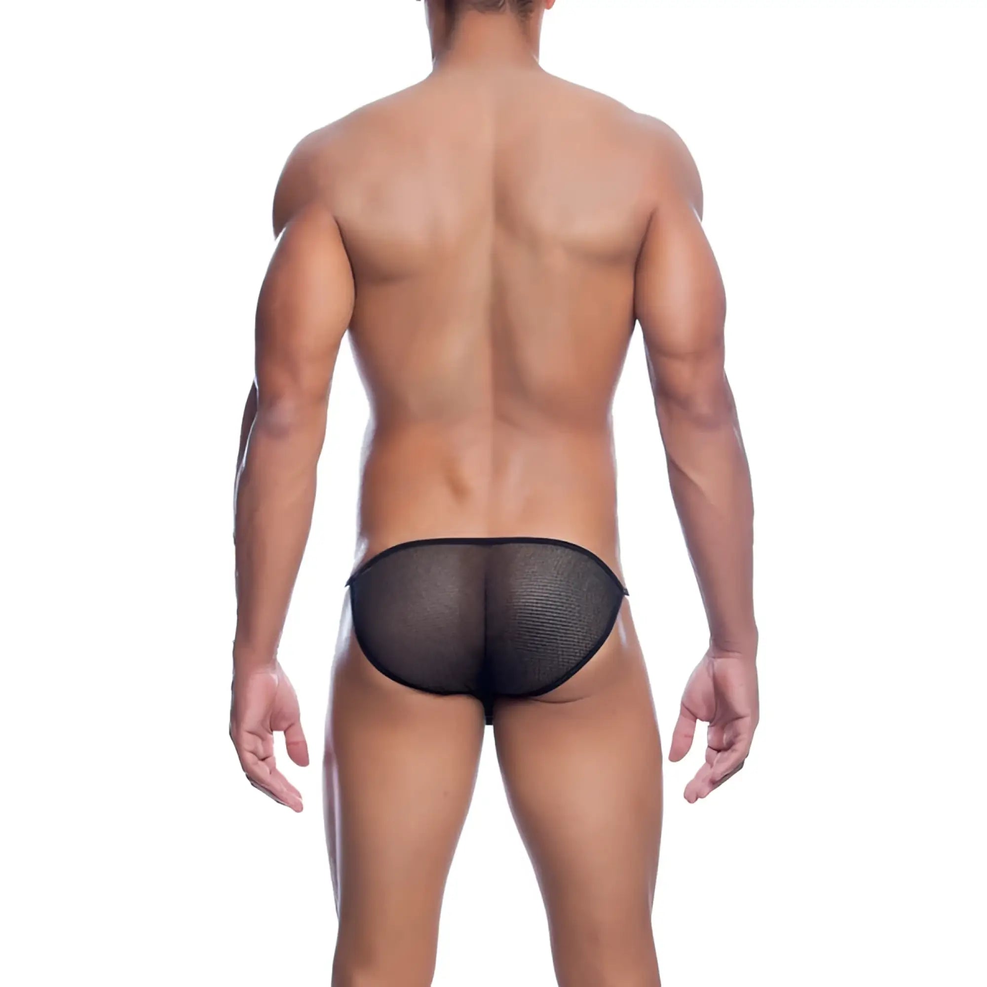 Black mesh mob men’s fishnet bikini briefs with snug form-fitting design