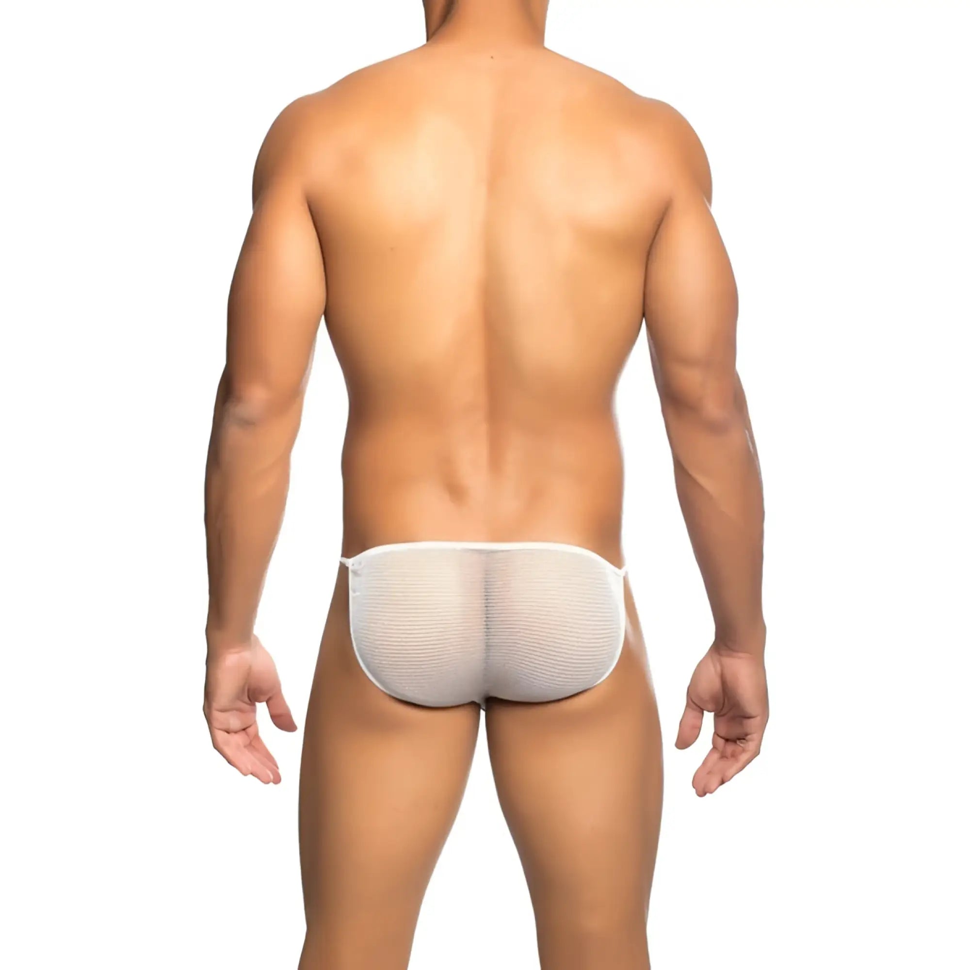 White mesh briefs men’s fishnet bikini by mob showing sheer breathable mesh material and minimal coverage design
