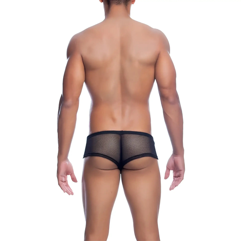 Black mesh mob men’s fishnet boxer short briefs with a snug form-fitting design in black mesh material