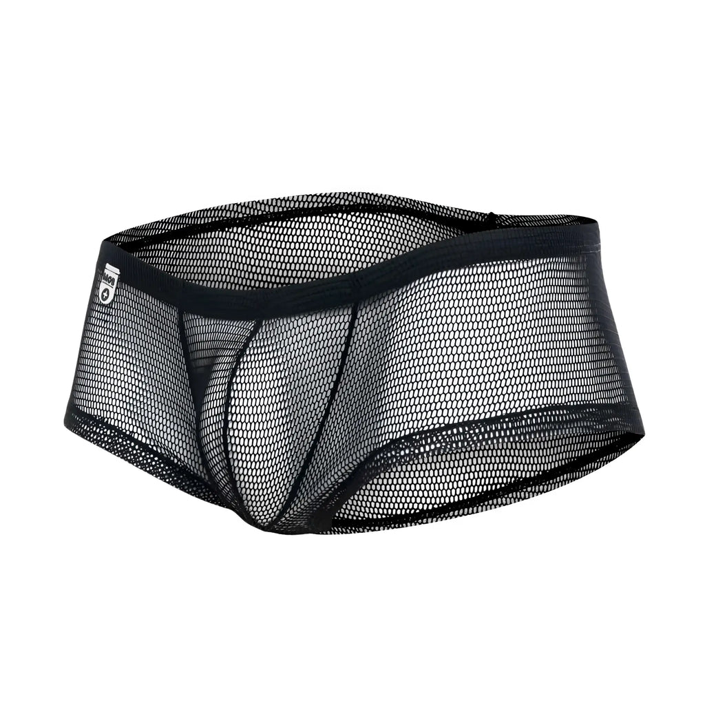 Mob men’s fishnet boxer short in black mesh with solid elastic waistband and reinforced seams front view